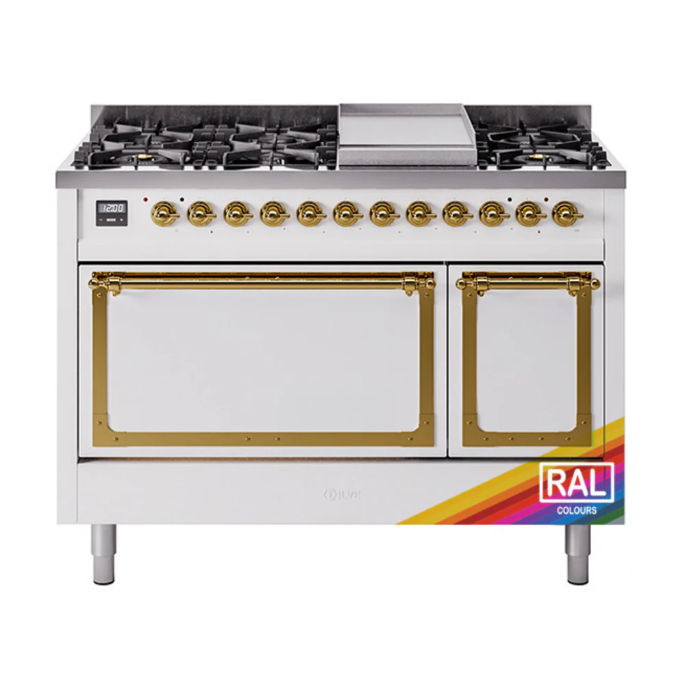 ILVE Nostalgie II Noblesse 48-Inch Dual Fuel Freestanding Range with Solid Door Oven in RAL with Brass Trim (UN48FQNMPRAG)