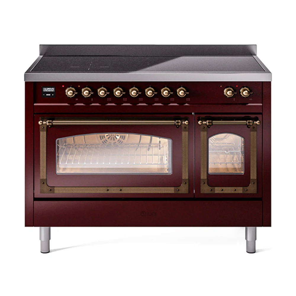 ILVE Nostalgie II Noblesse 48-Inch Induction Range with Triple Glass Door in Burgundy with Bronze Trim (UNI486NMPBUB)