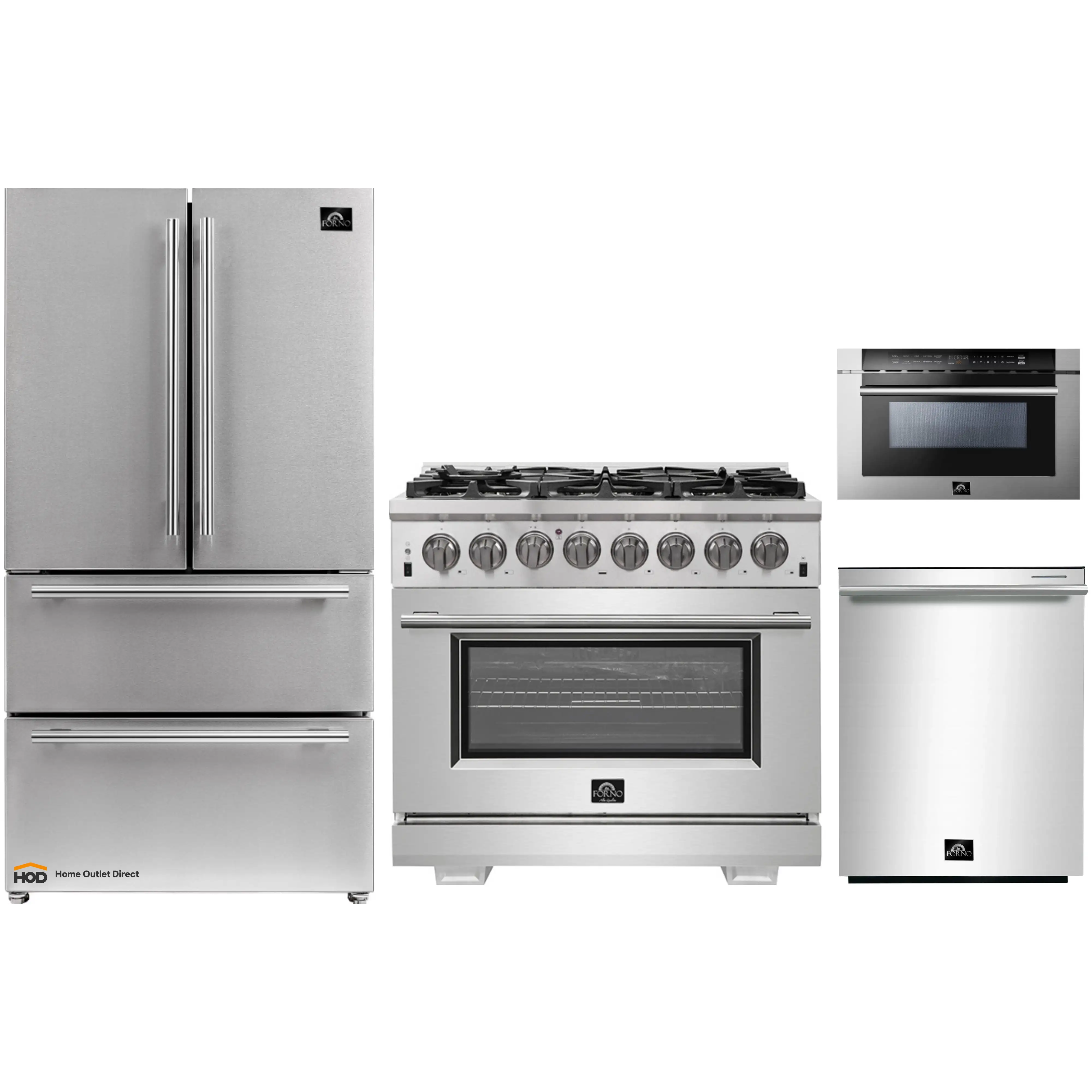 Forno 4-Piece Pro Appliance Package - 36-Inch Dual Fuel Range, Refrigerator, 24-Inch Microwave Drawer, & 3-Rack Dishwasher in Stainless Steel
