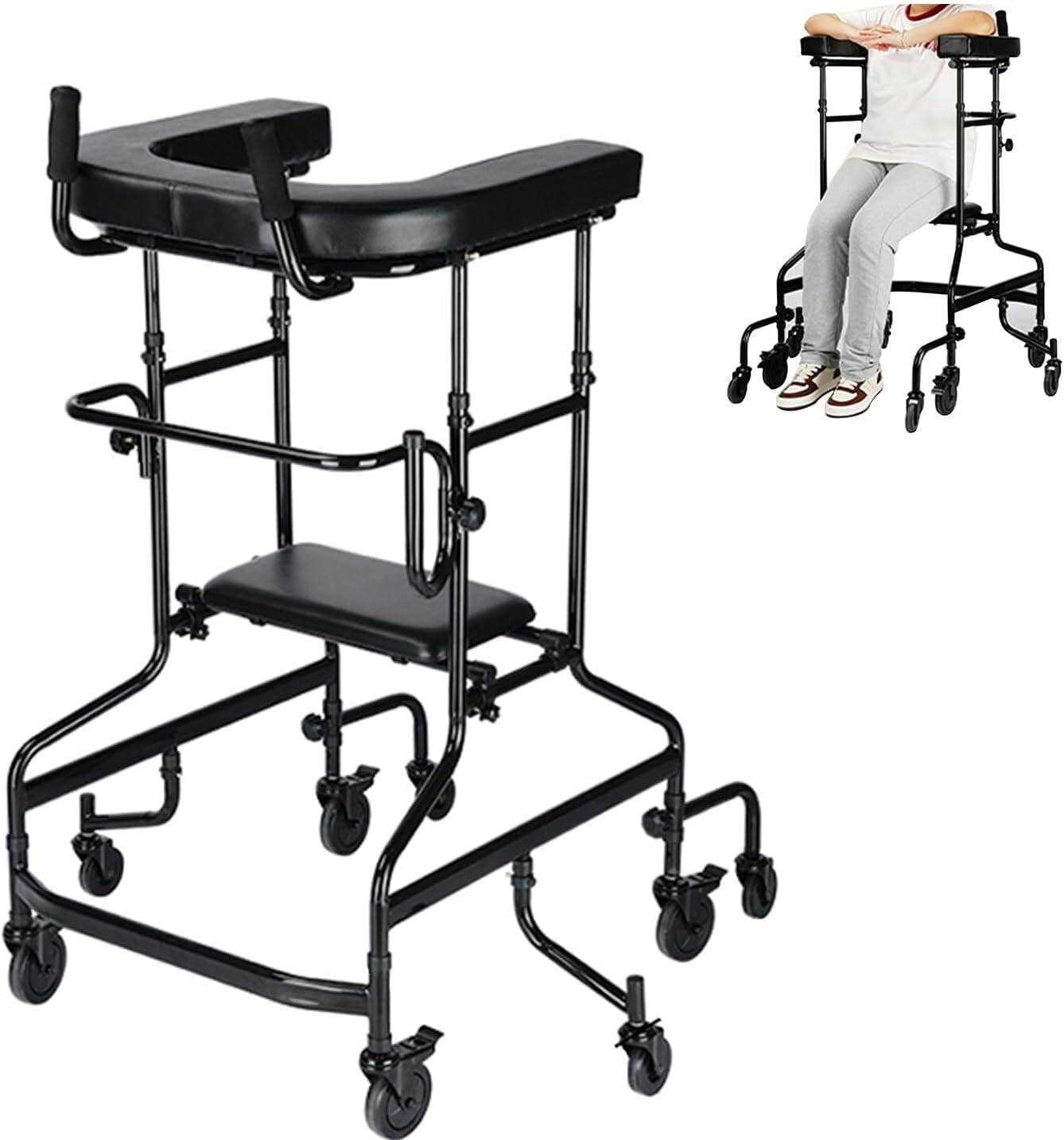 Rolling Walker for Seniors Upright Walker for Seniors with Seat Adjustable Upright Rollator Mobility Walker Adults Rehabilitation Stand with Arm Support