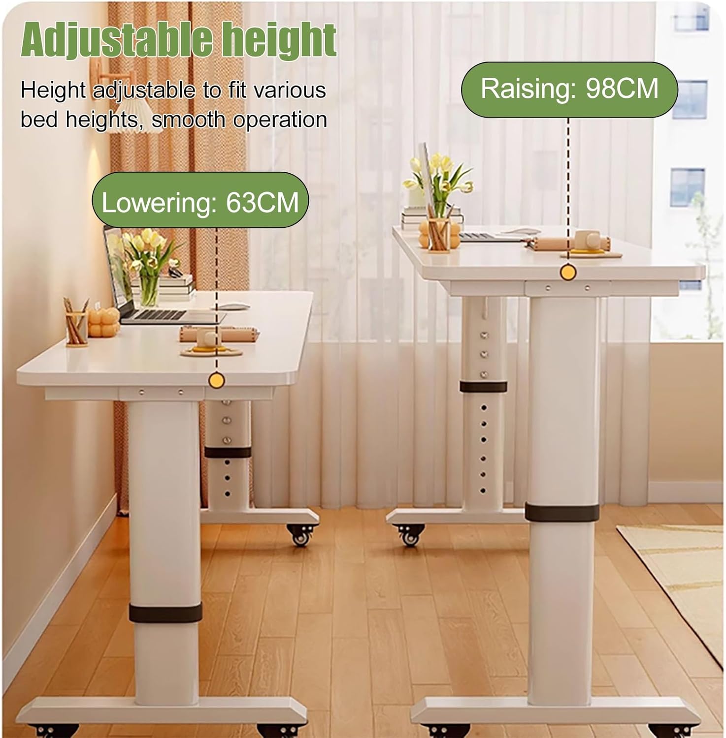 Overbed Table with 360° Wheels, Mobile Bed Desk with Metal Leg, Bed Desk Recliner Table Adjustable Height Laptop Table, for Working Reading Eating(White 3,100 * 40 * 63cm/39 * 16 * 25in)