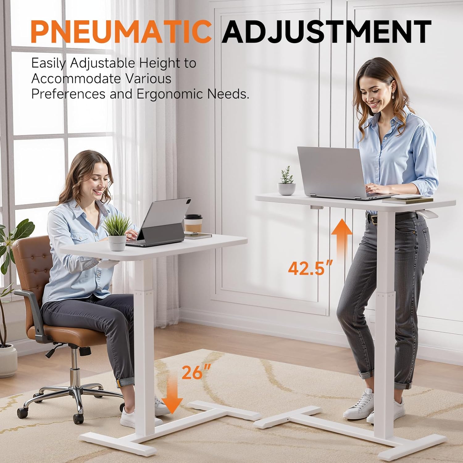 COMHOMA Adjustable Overbed Bedside Table with Wheels, Pneumatic Mobile Rolling Laptop Desk, Height Adjustable Standing Desk Bed Table for Hospital and Home Use (28