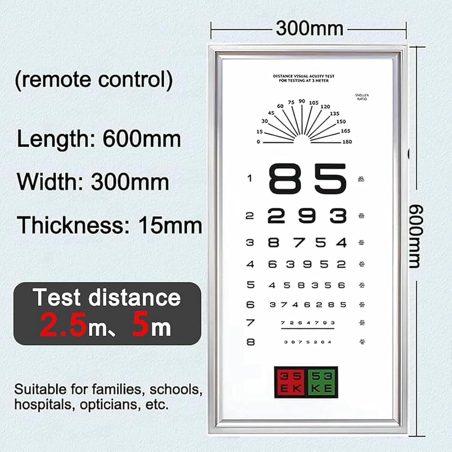 Digital Near Vision Eye Equipment, LED Eye Chart Light Box with Remote Control, 3 Types of Detection Visual Indicators, Measurement Distance: 2.5m/5m