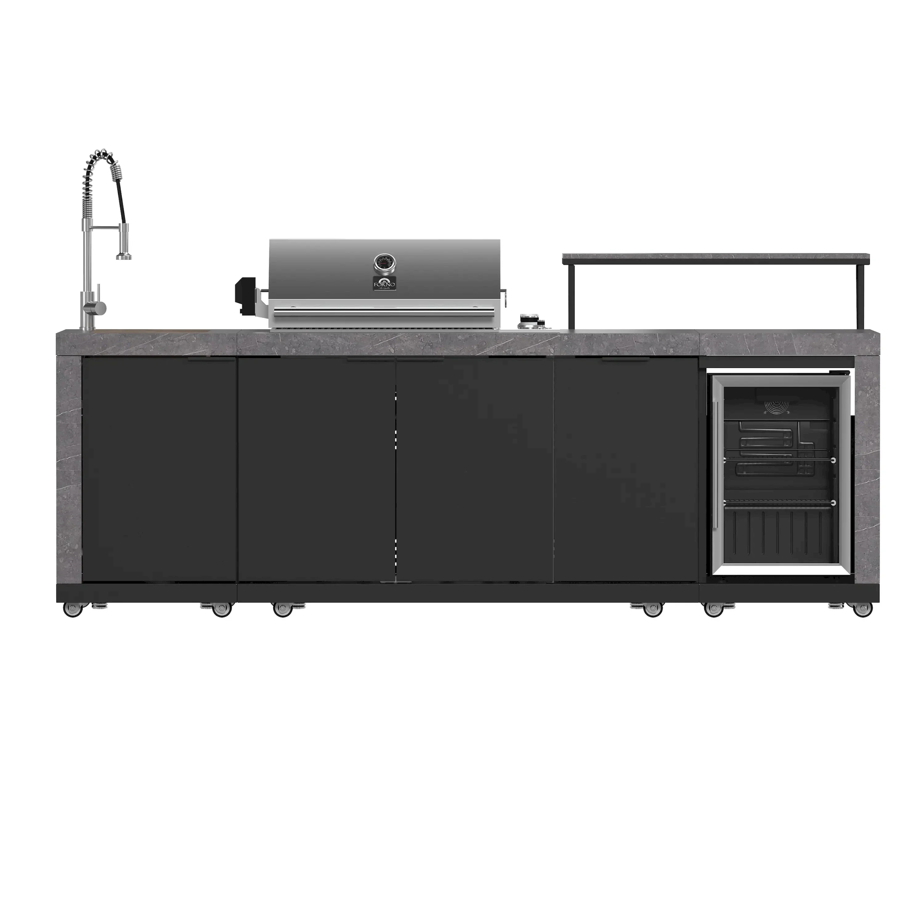 Forno Rimini Outdoor Kitchen 30-Inch BBQ 62,600 BTU, 3 Burners with Sear & Rotisserie, 2.4 cu.ft. Beverage Center, Stainless Steel Sink, Black Cabinets & Gray Sintered Stone Countertop (FODKT2544BLK)