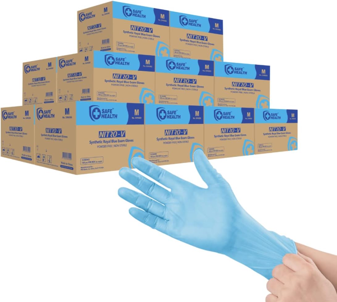 Safe Health NITRO-V Nitile-Vinyl Synthetic Exam Disposable Gloves, Blue, Medium, 16000 Pcs