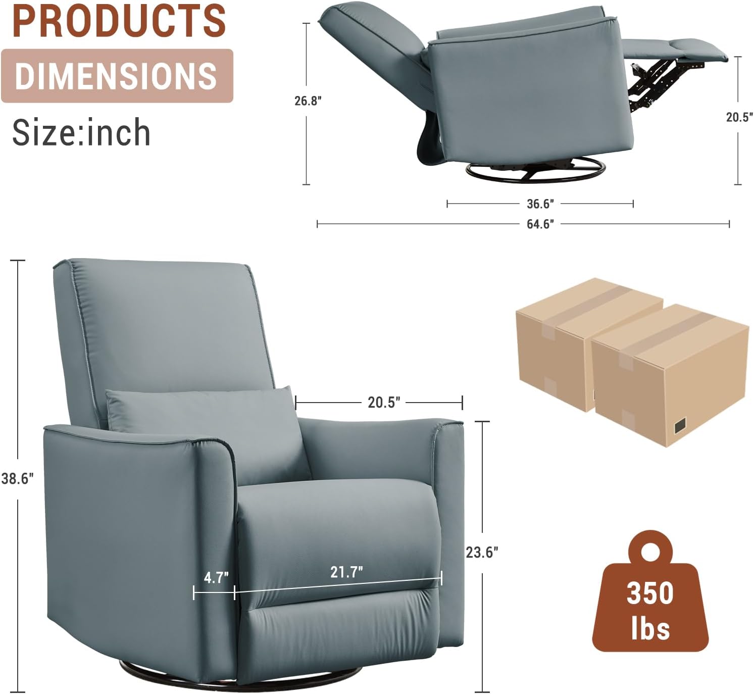 Swivel Rocking Recliner Chair, Manual Recliner with Lumbar Support & Padded Armrest, Comfortable Nursery Rocking Chair and Glider for Living Room, Bedroom (Gray)