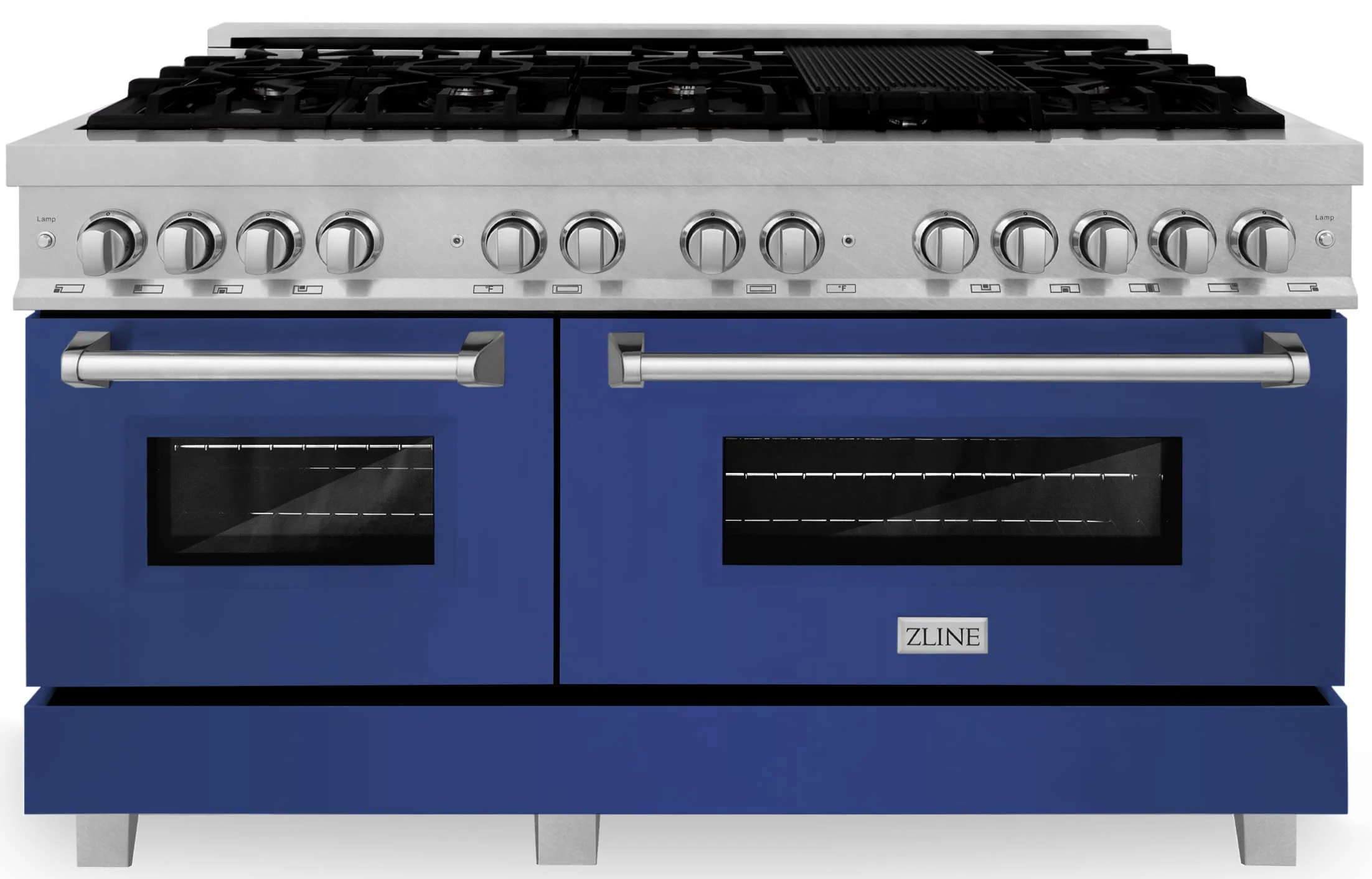 ZLINE 60-inch Legacy Series Dual Fuel Range with 9 Gas Burner Stove and 7.4 Cu. Ft. Electric Oven in Fingerprint Resistant Satin Stainless Steel and Blue Matte Doors (RAS-BM-60)