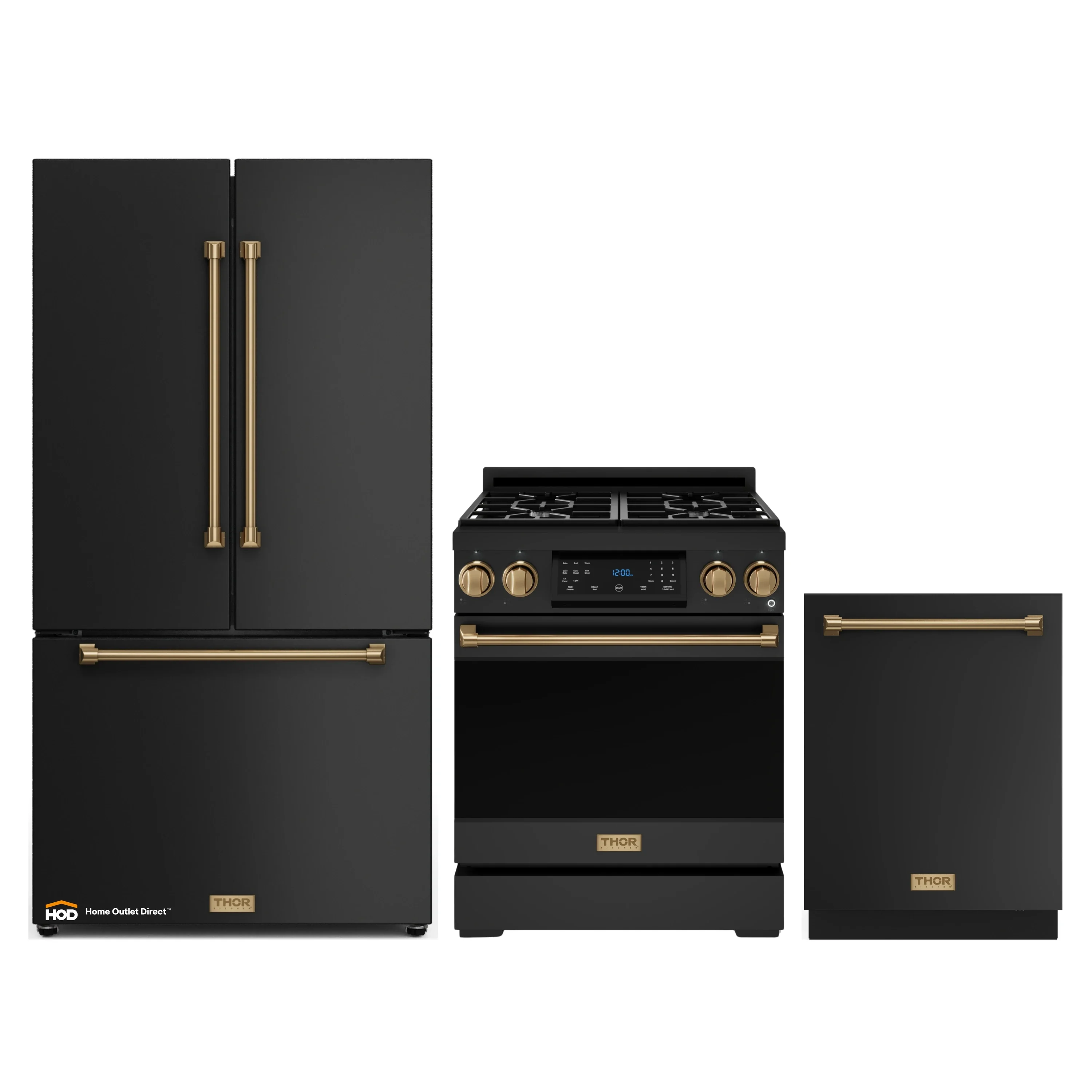 Gordon Ramsay by Thor Kitchen 3-Piece Appliance Package - 30-Inch Gas Range with Tilt Panel, 36-Inch Refrigerator, and Dishwasher in Black with Bronze Trim