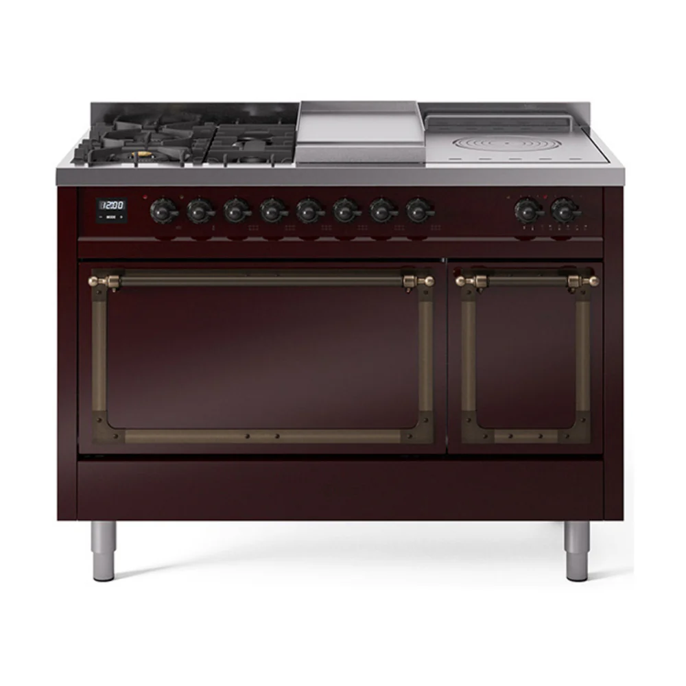 ILVE 48-Inch Nostalgie II Noblesse Dual Fuel Range with 5 Sealed Burners, Griddle, French Top and Solid Door Oven in Burgundy with Bronze Trim (UN48FSQNMPBUB)