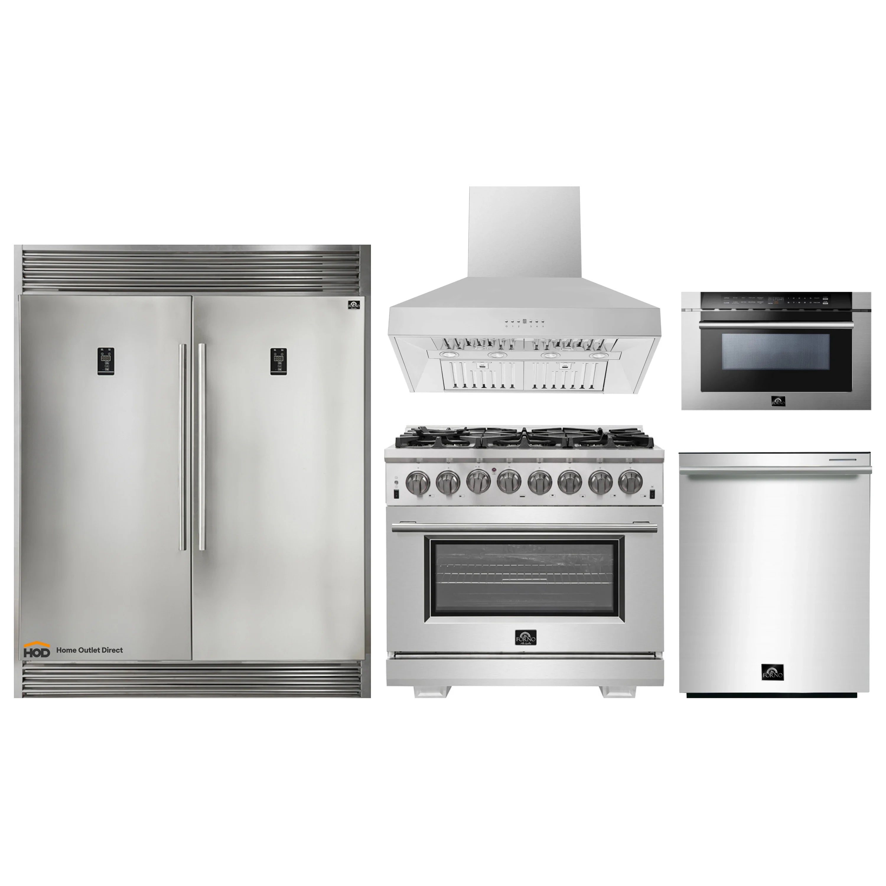 Forno 5-Piece Pro Appliance Package - 36-Inch Dual Fuel Range, 60-Inch Pro-Style Refrigerator, Wall Mount Hood, 24-Inch Microwave Drawer, & 3-Rack Dishwasher in Stainless Steel