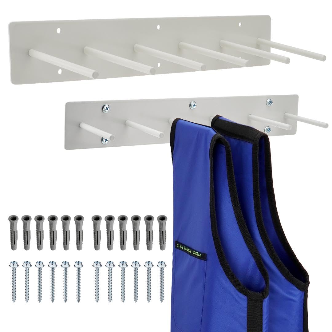 PER4MANCE 2-Pack Lead Apron Hanger – 6-Hook Heavy Duty Wall Mount with Extra Long Anti-Slip Hooks, Easy to Mount for Home and Commercial Use