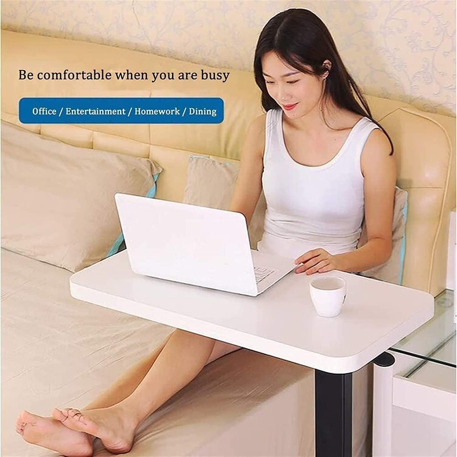 Overbed Table with Adjustable Height, Mobile Standing Desk, Sit to Stand Desk with Wheels, Bedside Laptop Table for Home and Office Use