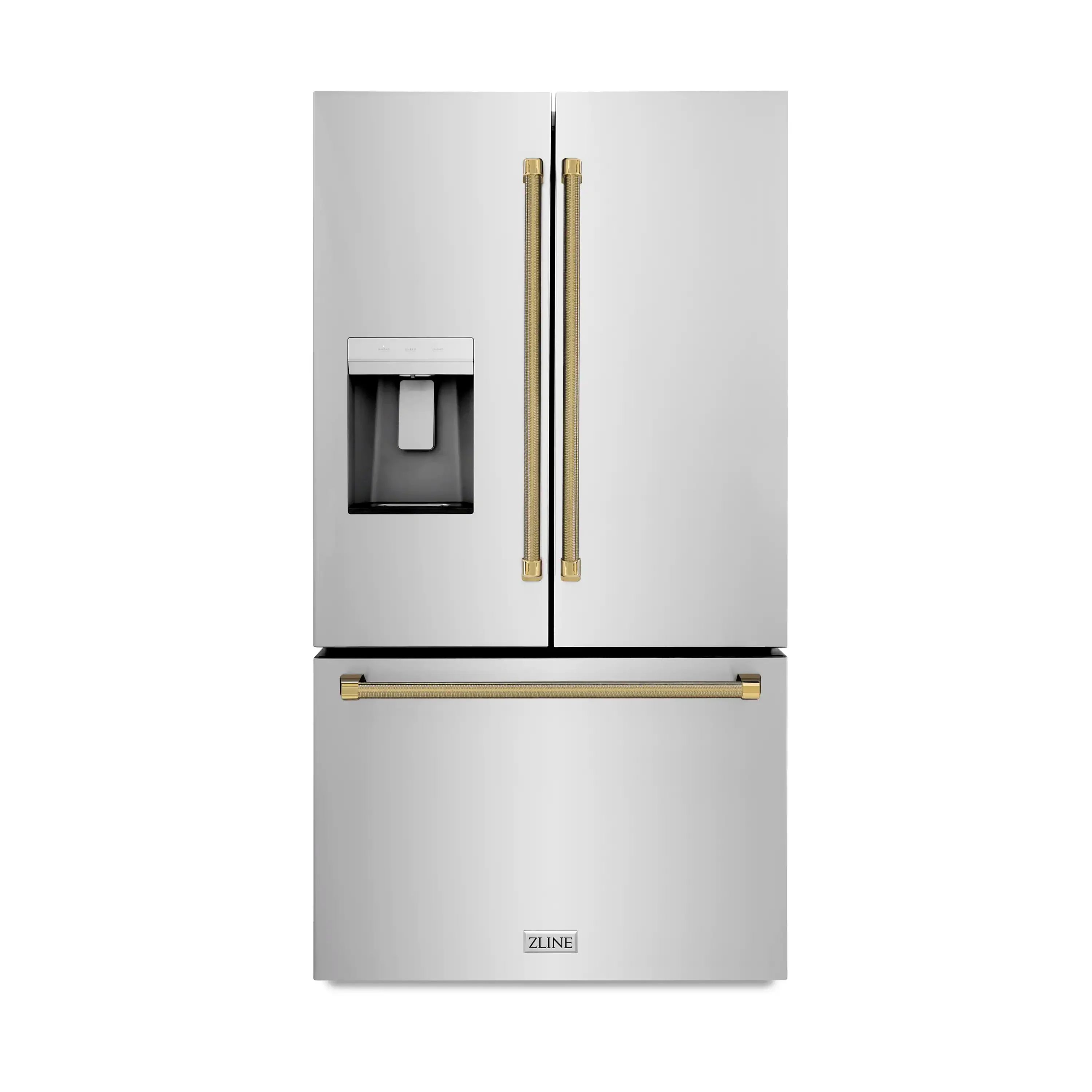 ZLINE Autograph 36-Inch Standard-Depth French Door Refigerator with External Water Dispenser & Dual Ice Maker in Stainless Steel with Gold Helix Handles (RSMZ-W-36-KG)