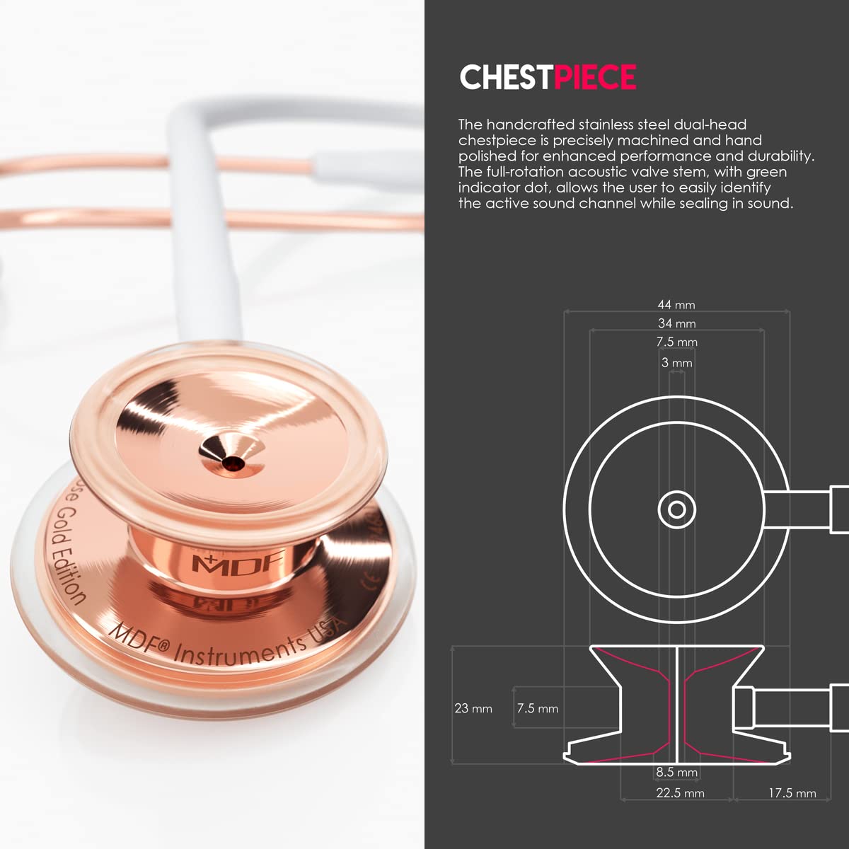 MDF Instruments, Engravable - MDF Rosegold MD One Stainless Steel Personalized Custom Stethoscope, Adult, White Tube, Rosegold Chestpieces-Headset, MDF777RG29-ENGRAVING