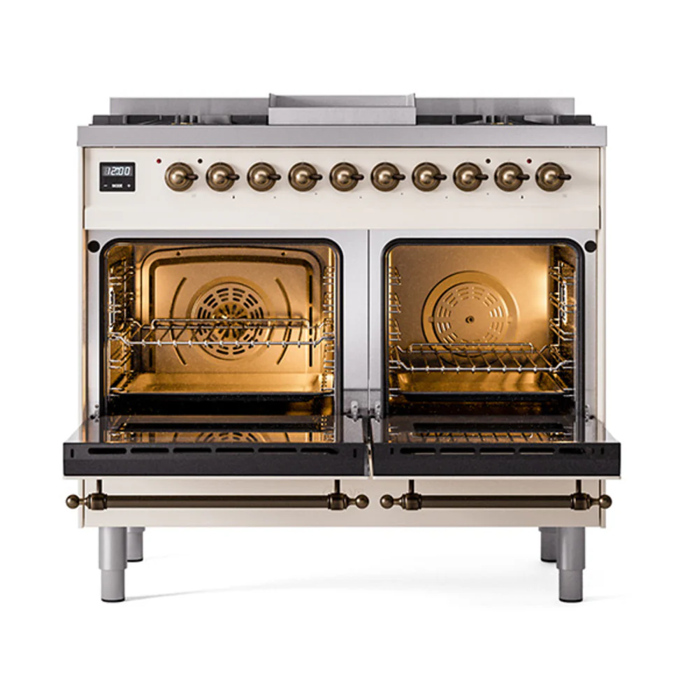 ILVE 40-Inch Nostalgie II Dual Fuel Range with 6 Burners, Griddle and Solid Door Oven in Antique White with Bronze Trim (UPD40FQNMPAWB)