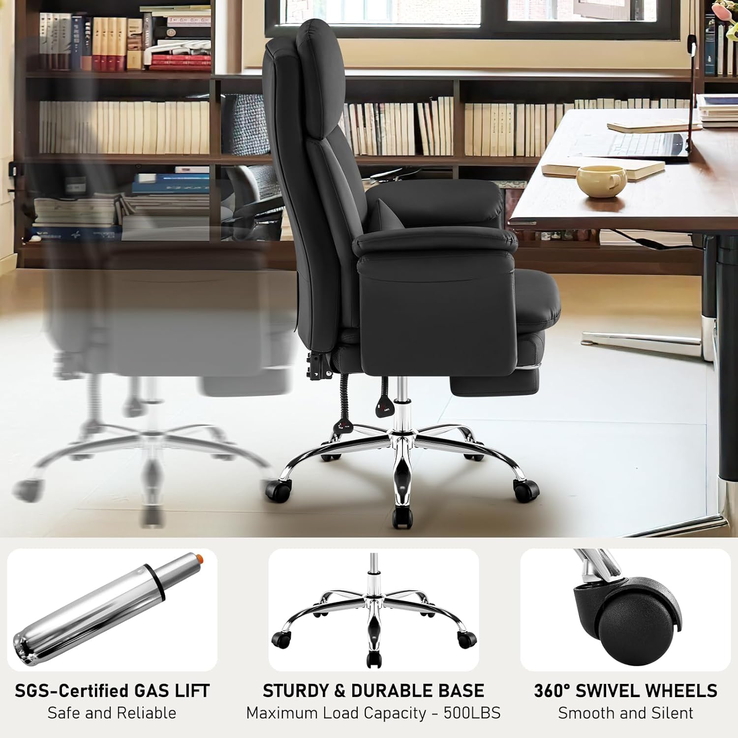 Big Tall Executive Office Chair with Footrest 400lbs, High Back Ergonomic Gaming Chair, Premium PU Leather with Adjustable Lumbar Support Double-Layered Armrests,Black