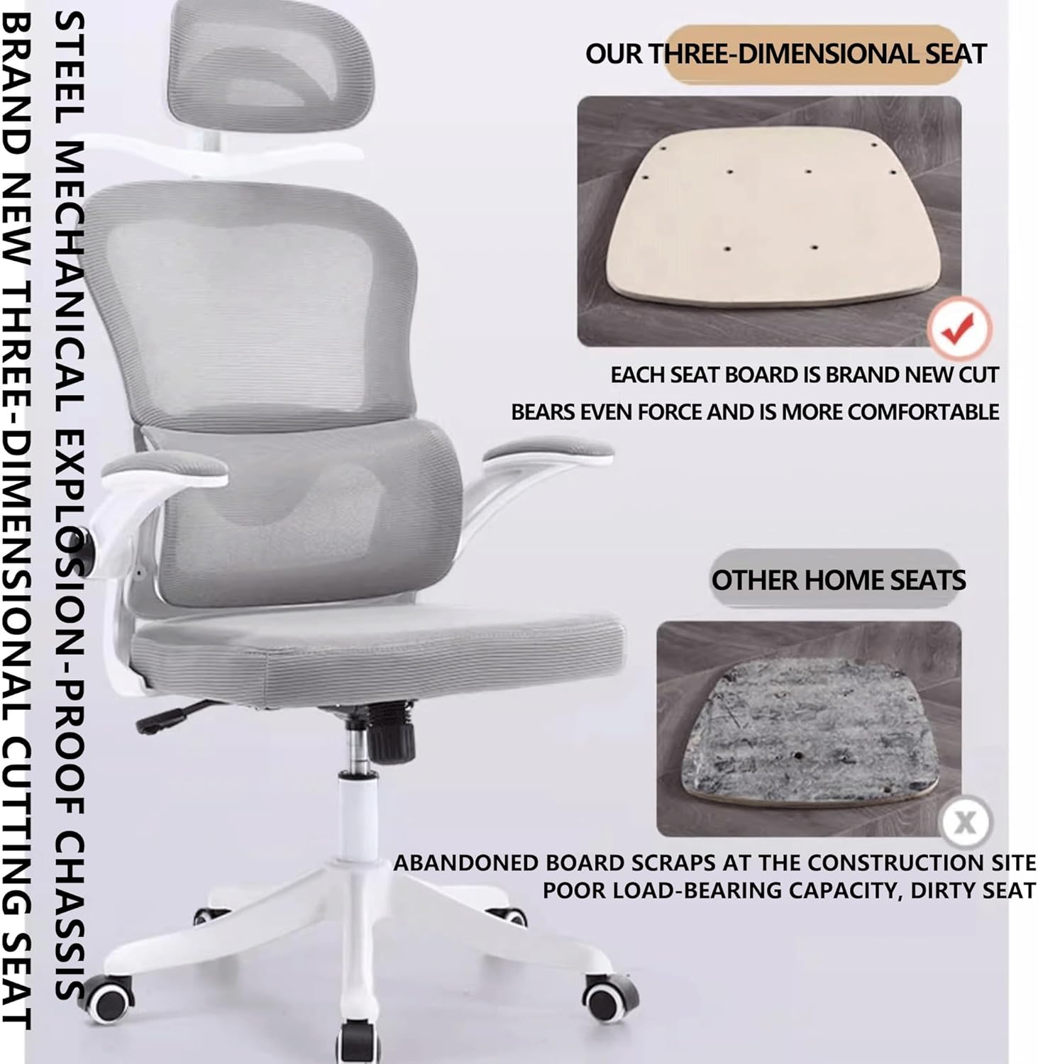 Ergonomic Office Gaming Chair with Adjustable 3D Lumbar Support Comfy Mesh Home Desk Chair with Flip Up Armrest and Swivel Tilt Ideal for Study Work Executive Office Livi,Gray-One Size