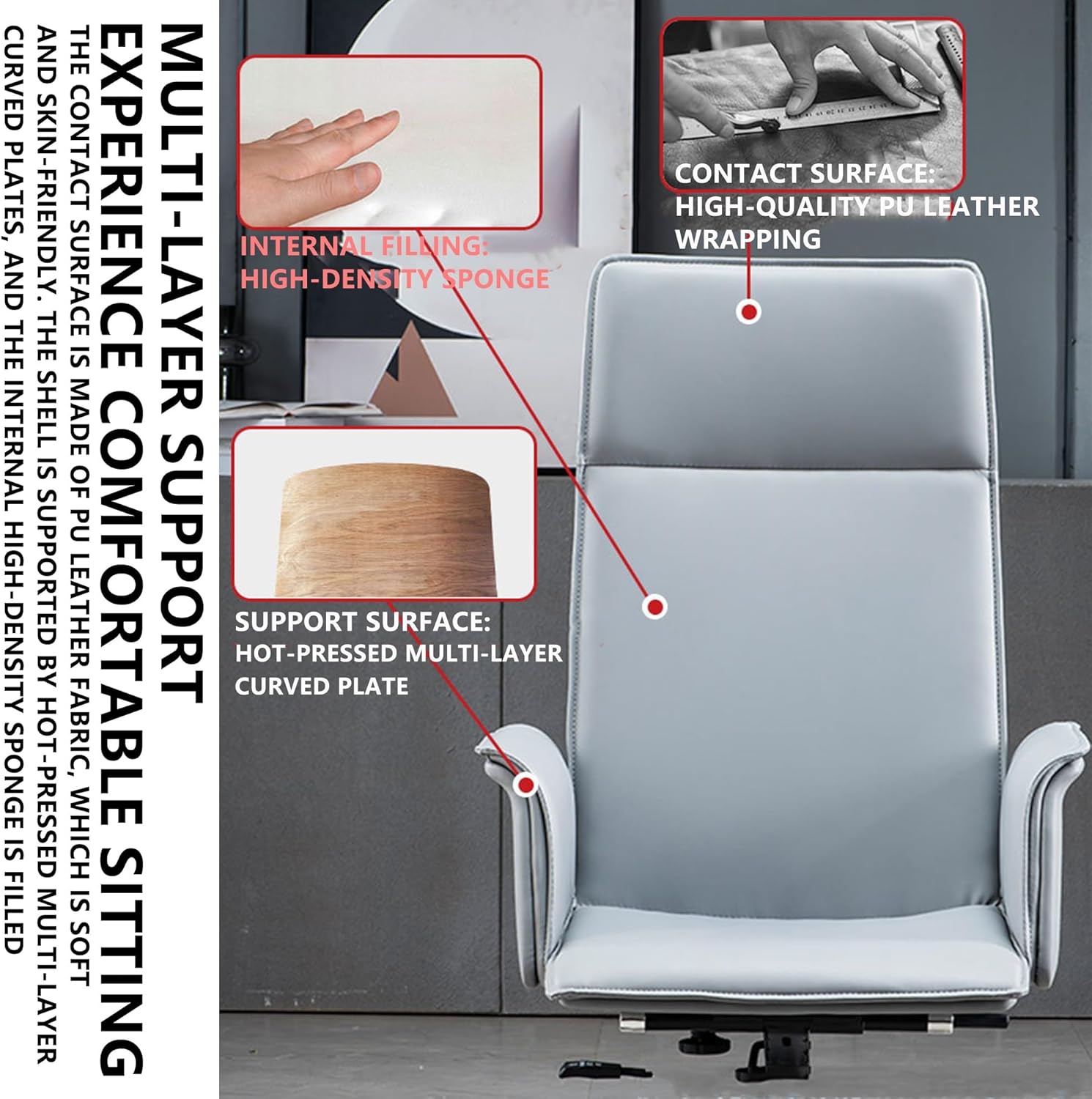 High Back Office Chair with Adjustable Height and Reclining Feature for Ultimate Comfort and Support Ergonomic PU Leather Desk Chair with Headrest and Armrests Ideal fo(Orange-One Size