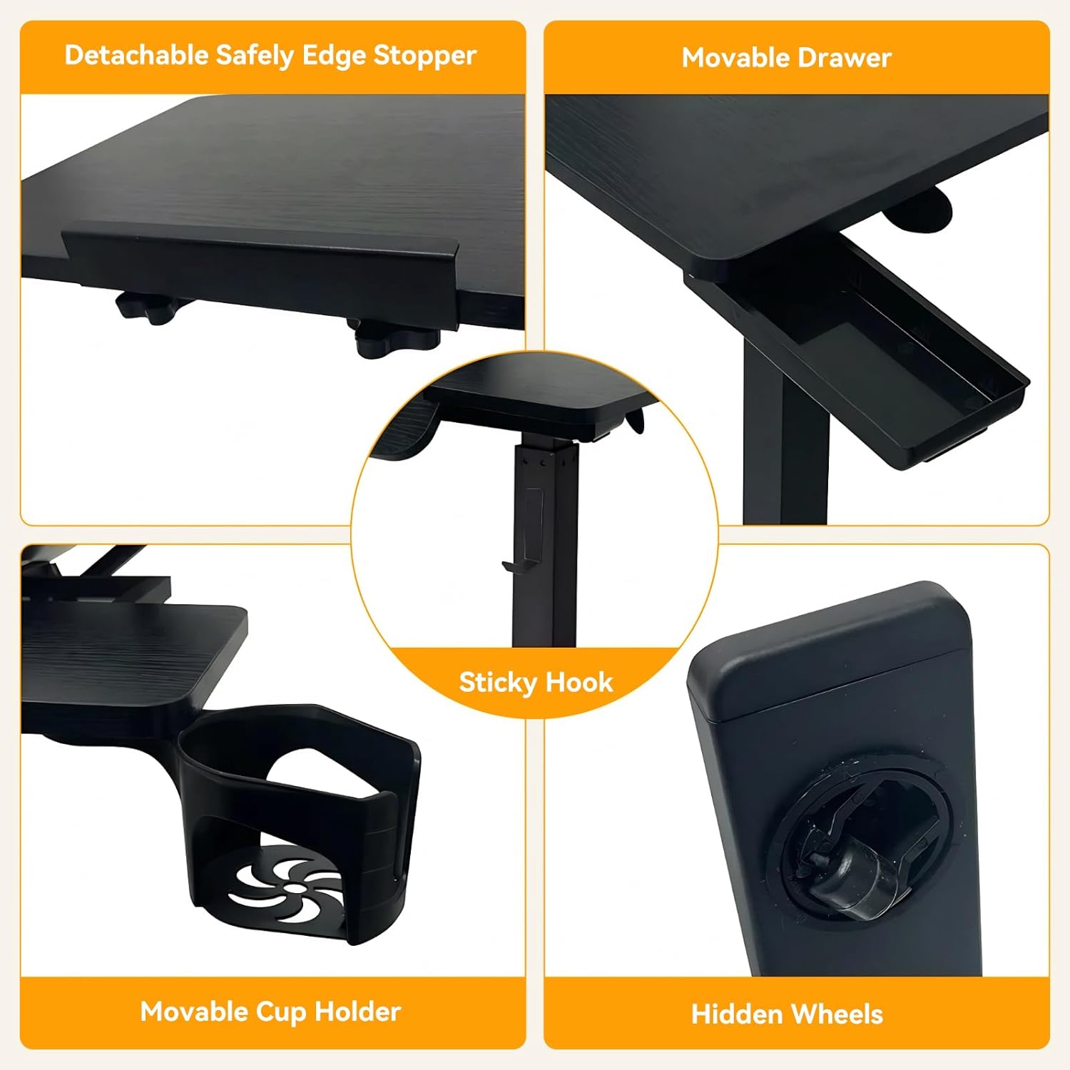 Overbed Bedside Table Adjustable with Wheels, Mobile Standing Stand Up Rolling Laptop PC Desks with Tilting Top Height Tray Side Computer Workstation for Bedroom on Hospital Home Use, Black