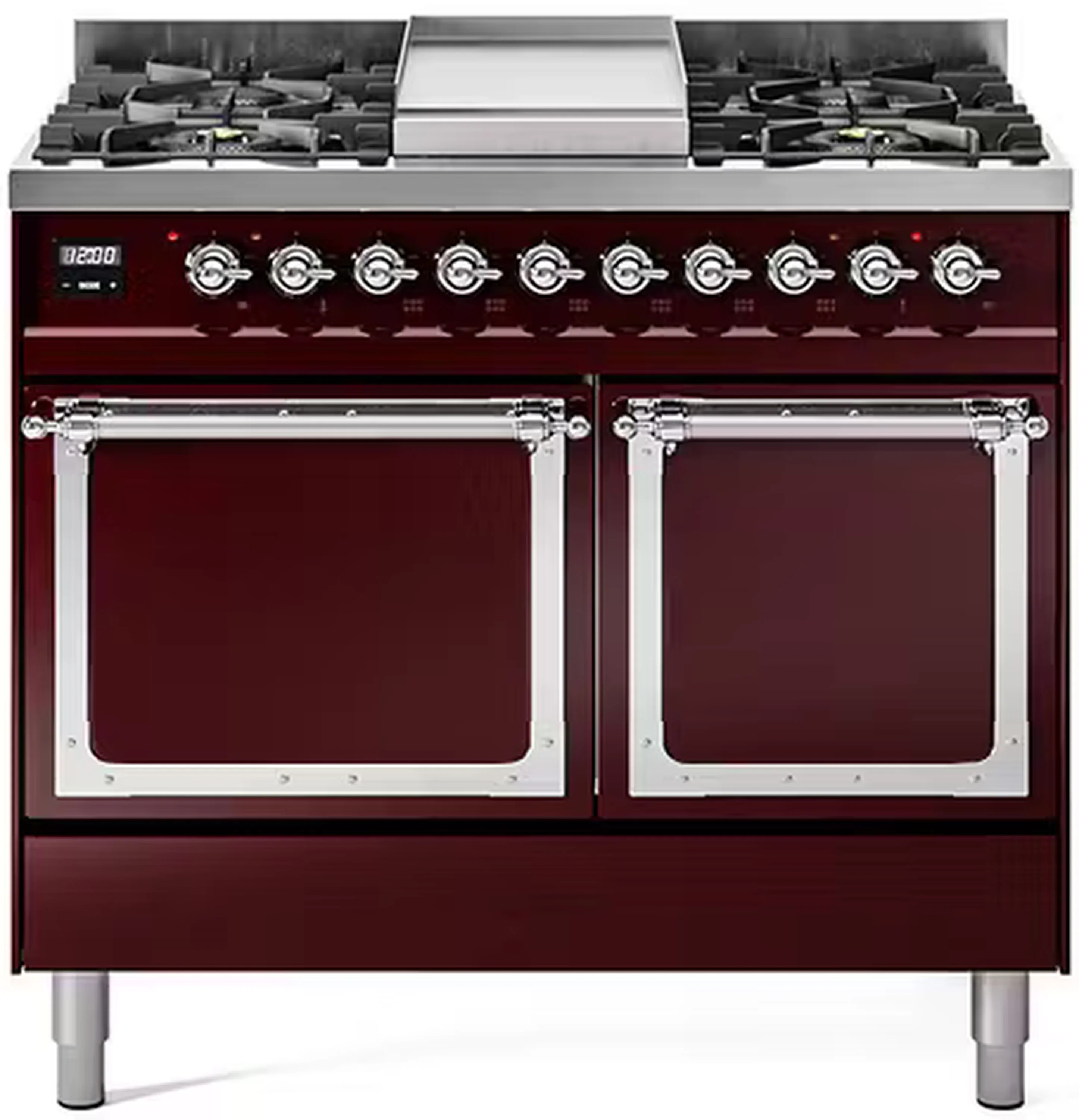 ILVE 40-Inch Nostalgie II Noblesse Dual Fuel Range with Solid Door Oven in Burgundy with Chrome Trim (UND40FQNMPBUC)