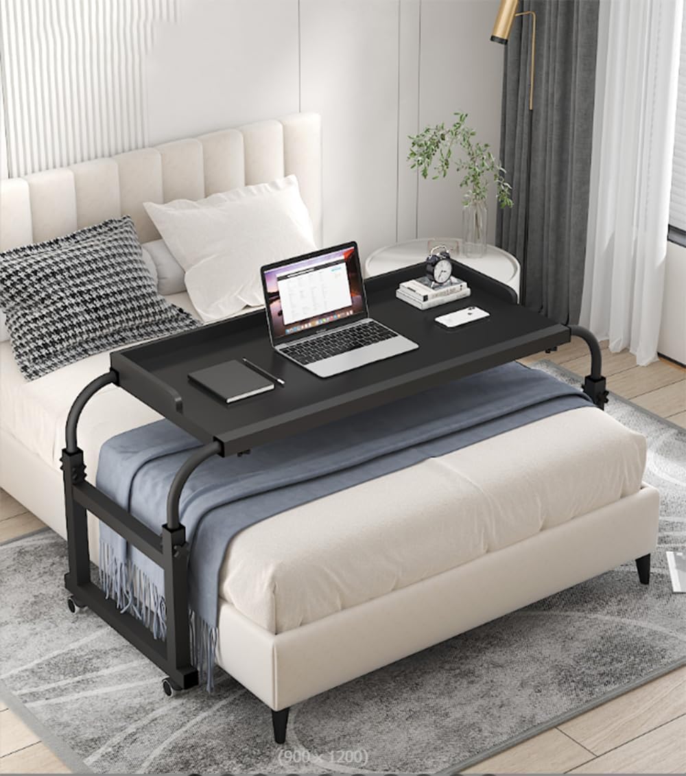 Mobile Over Bed King Queen Laptop Long Overbed Table Adjustable Height with Wheels Food Tray Desk Rolling Medical Table Overbed Bedside Table with Rolling Wheels