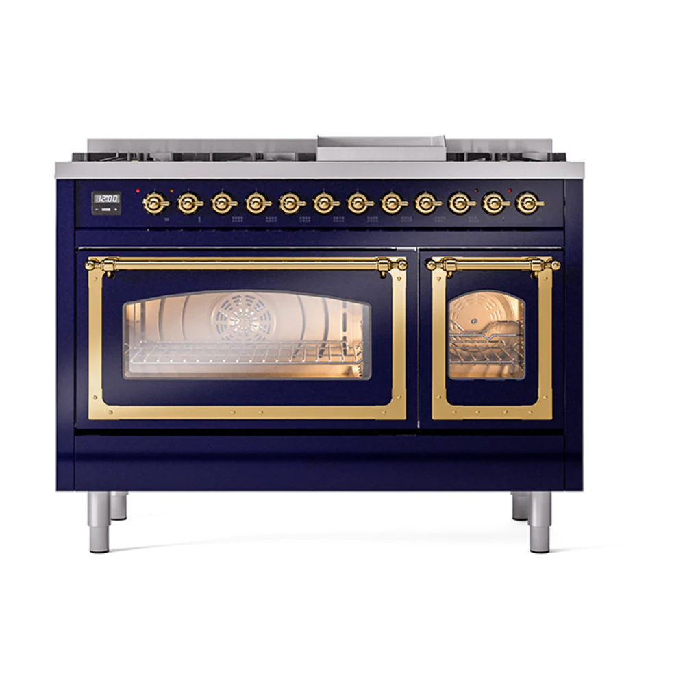 ILVE Nostalgie II Noblesse 48-Inch Dual Fuel Freestanding Range in Midnight Blue with Brass Trim (UN48FNMPMBG)