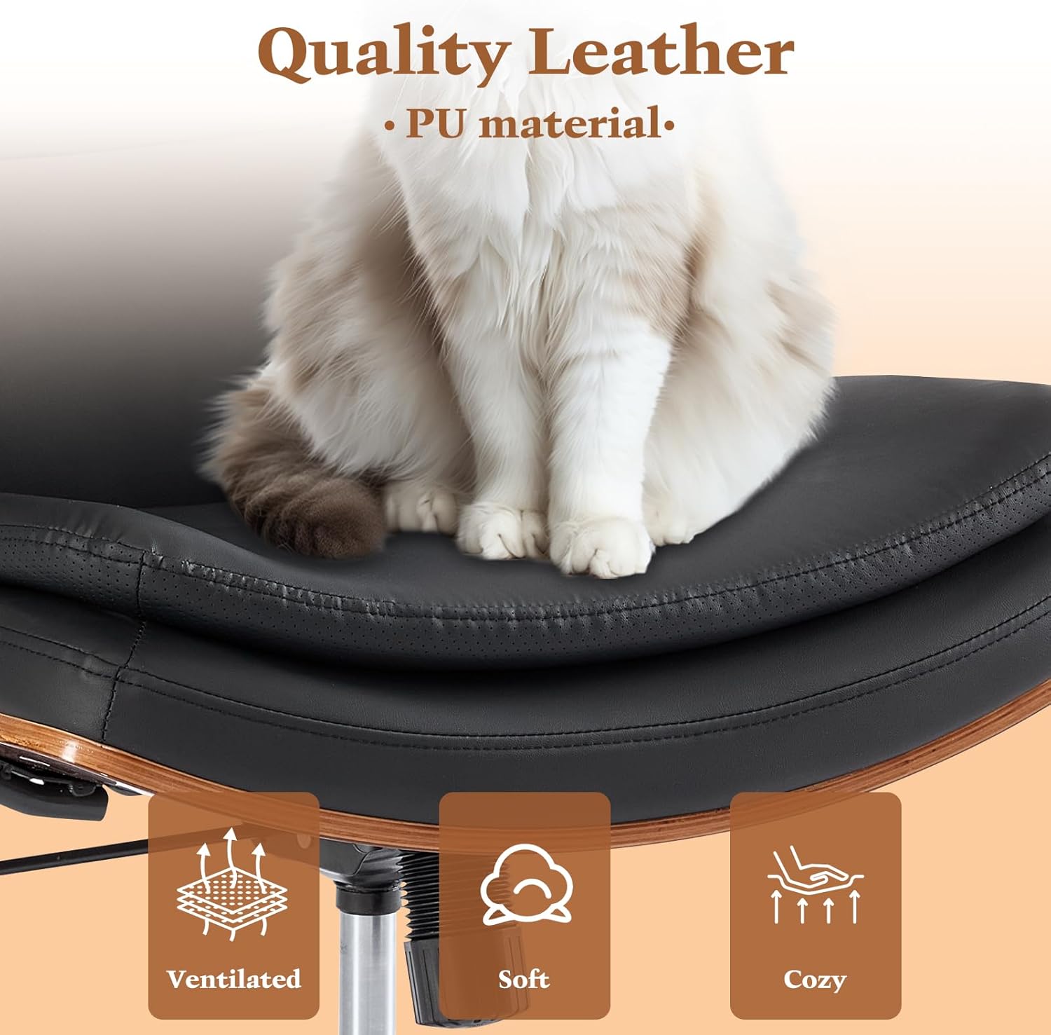 Home Office Desk Chair with Armrests & Wheels, Modern Walnut Swivel Rolling Executive Task Chair, PU Leather Vanity Chair with Lumbar Support, Height Adjustable Ergonomic Computer Chair (Black)