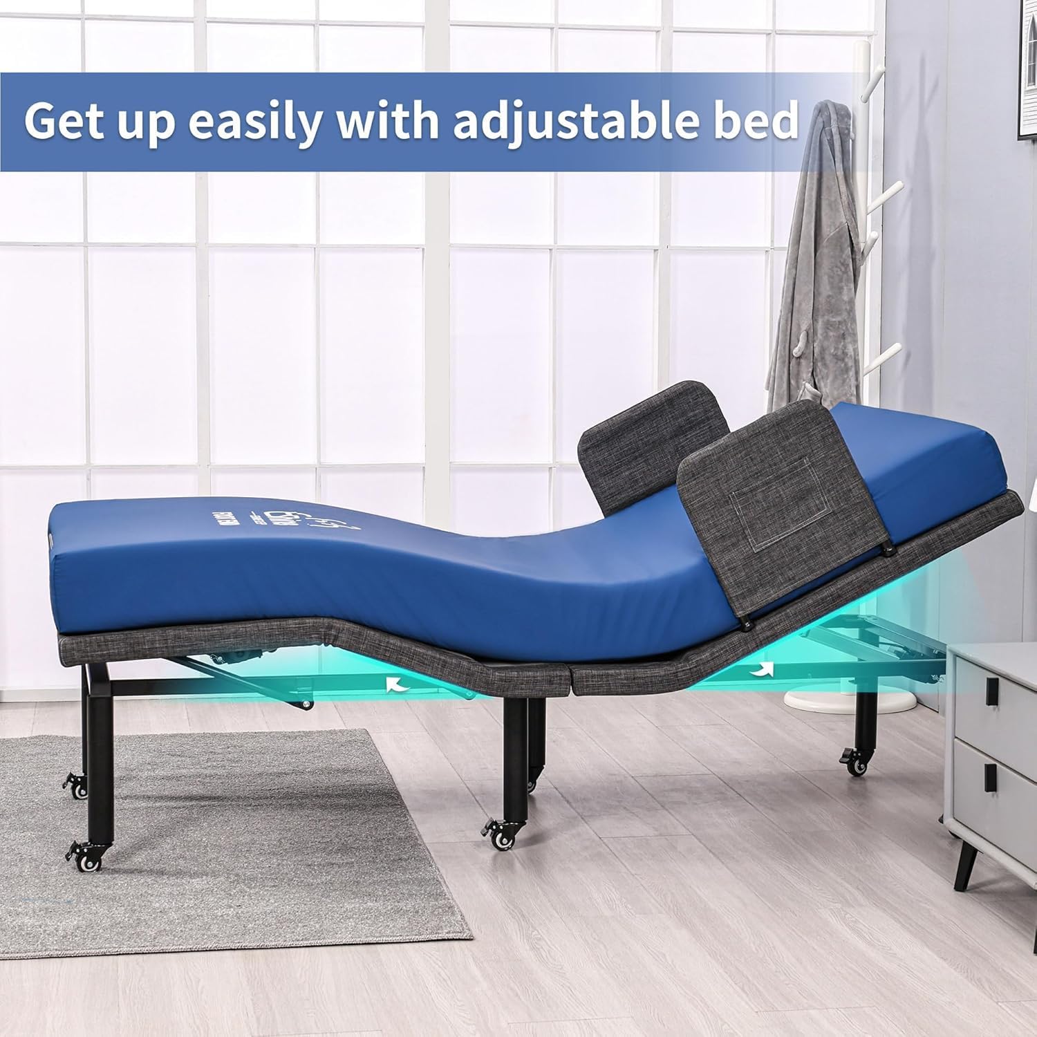 ESHINE Adjustable Bed with 6” Hospital Mattress - Adjustable Bed Frame with Bed Rails, Adjustable Heights with Wheels, Underbed Night Light, Wireless Remote, Head and Foot Inclined, Twin XL