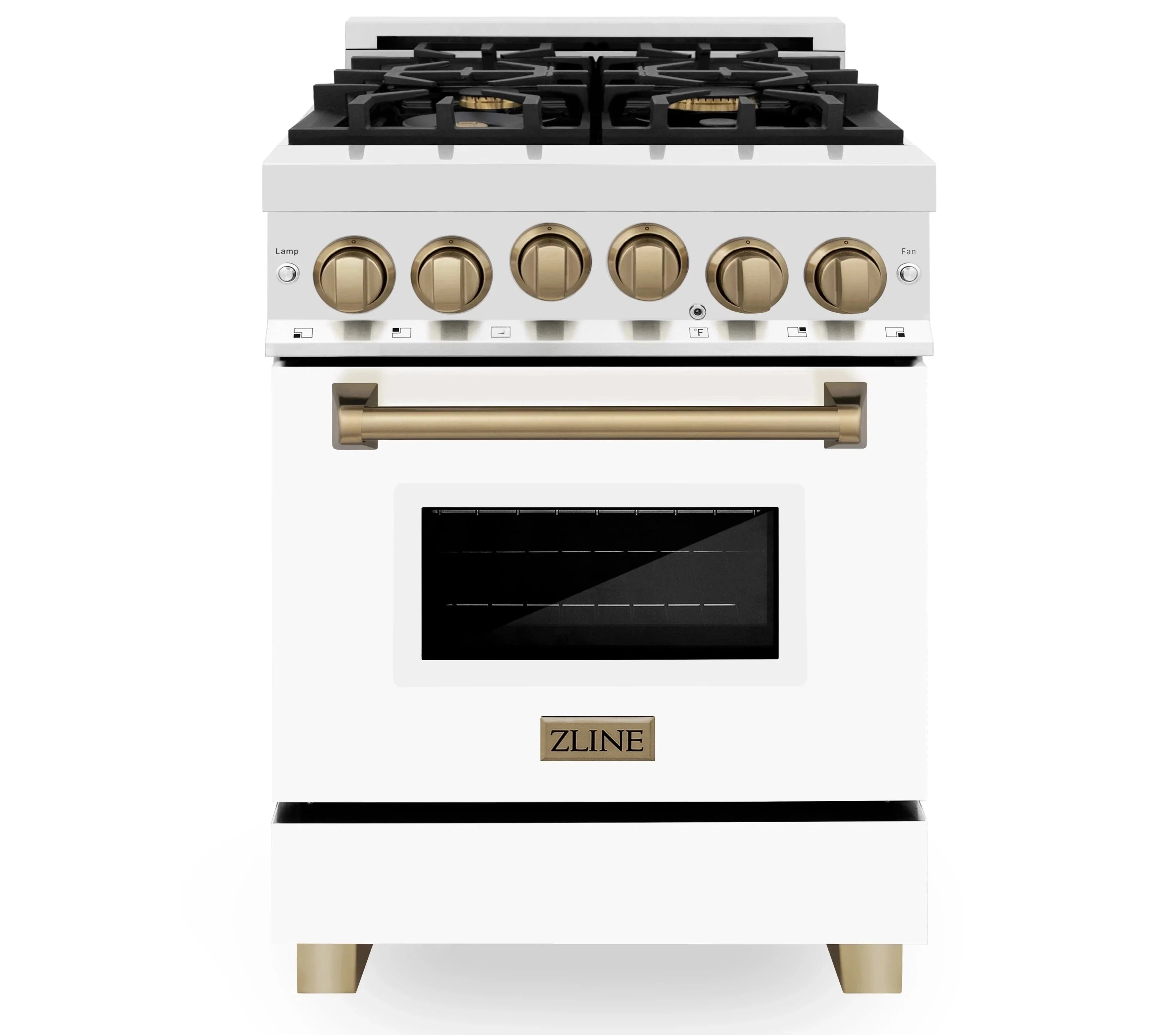ZLINE Legacy Series Autograph Edition 24-inch Dual Fuel Range with Gas Stove and 2.8 Cu. Ft. Electric Oven in Stainless Steel with White Matte Door and Champagne Bronze Accents (RAZ-WM-24-CB)