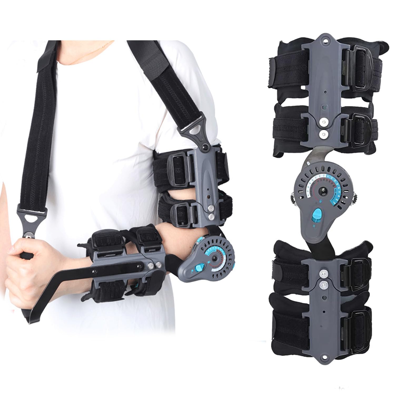 Hinged Elbow Brace,Adjustable Post OP ROM Elbow Brace with Sling Stabilizer Splint Arm Injury Recovery Support After Surgery (Gray, One Size, Left)