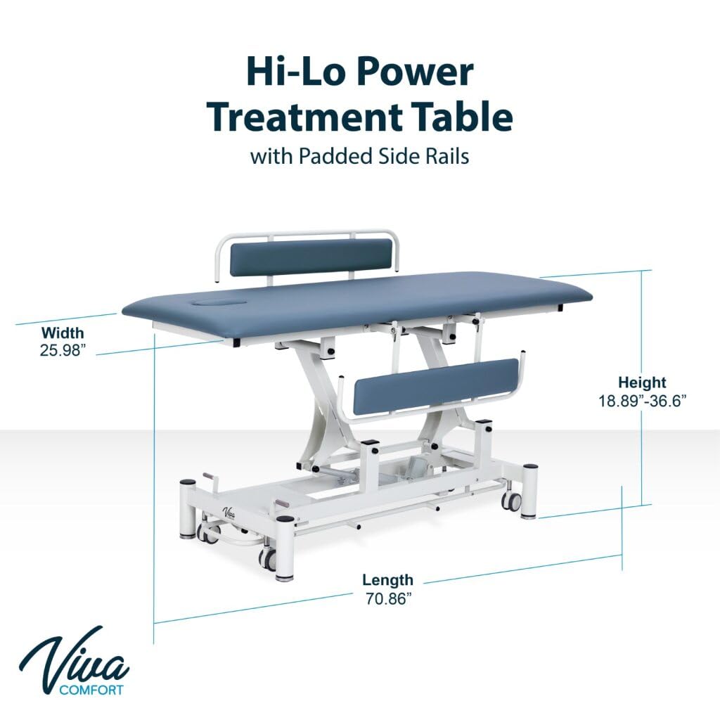 Hi-Lo Power Treatment Table w/Padded Side Rails & Specialty Upholstery - Includes Removable Face Cutouts & Foot Release Caster System (Blue)