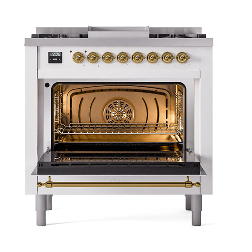 ILVE Nostalgie II Noblesse 36-Inch Dual Fuel Range and Solid Door Oven in White with Brass Trim (UN36FQNMPWHG)