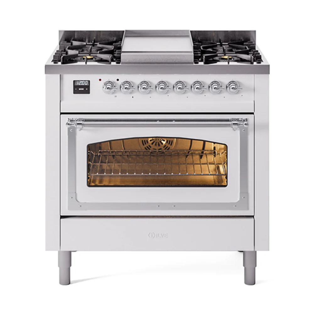 ILVE Nostalgie II Noblesse 36-Inch Dual Fuel Range and Triple Glass Door in White with Chrome Trim (UN36FNMPWHC)