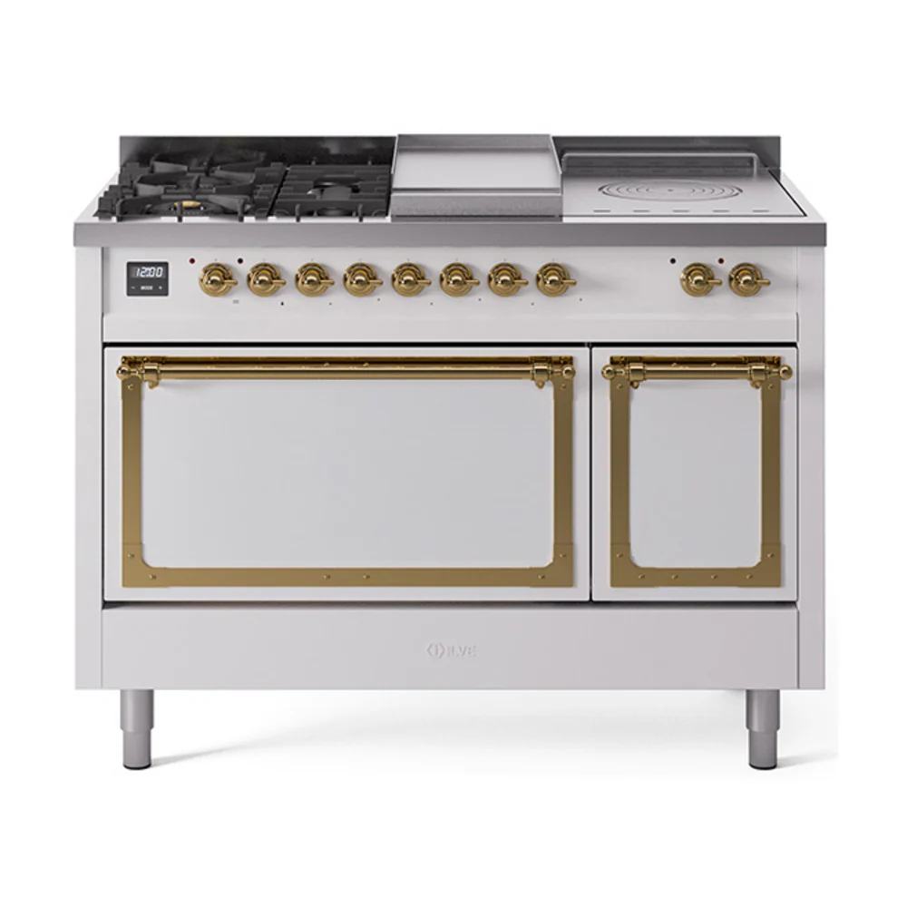 ILVE 48-Inch Nostalgie II Noblesse Dual Fuel Range with 5 Sealed Burners, Griddle, French Top and Solid Door Oven in White with Brass Trim (UN48FSQNMPWHG)