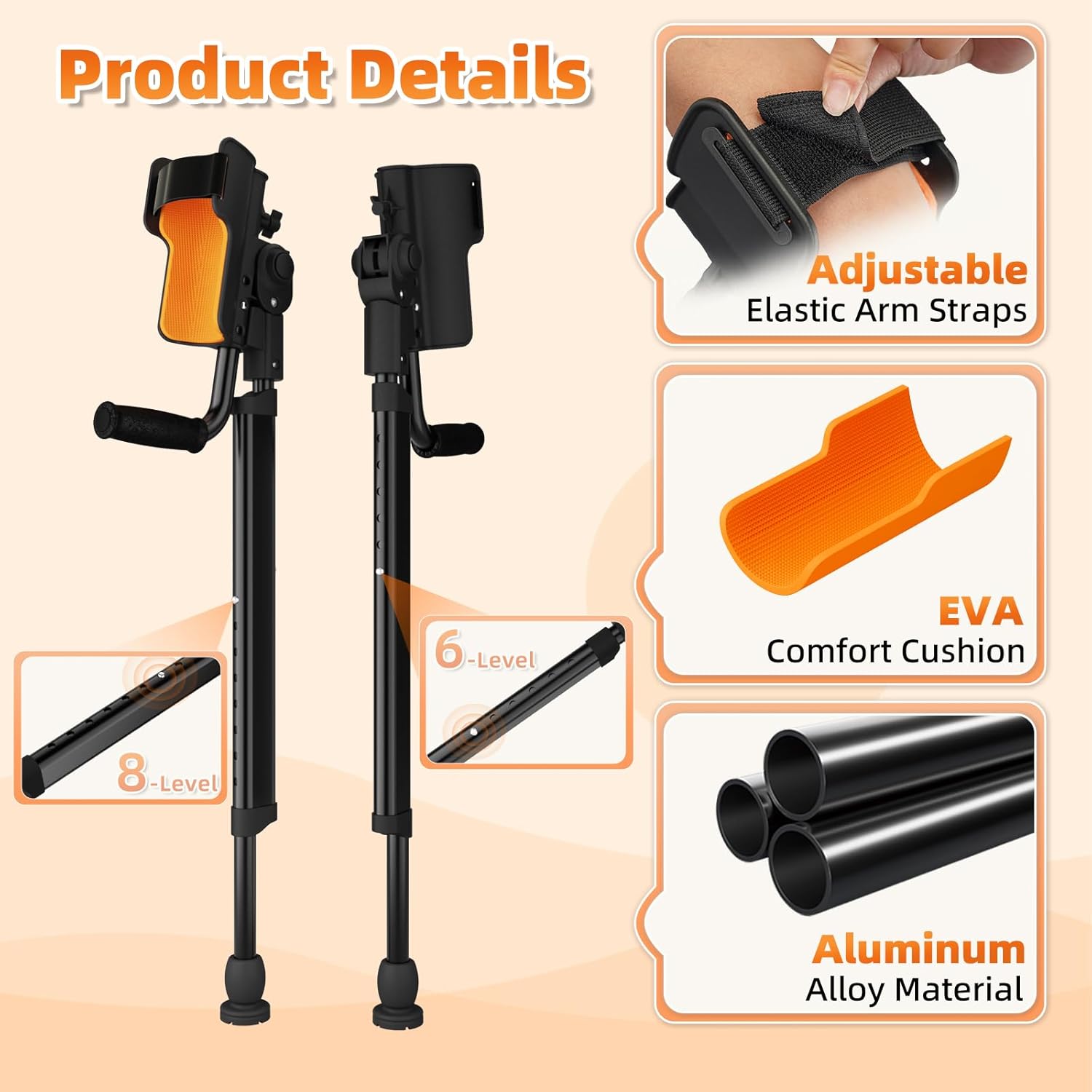 Adjustable Forearm Crutches for Adults – 10-Level Height Ergonomic Arm Crutches, Adjustable Hook & Loop Strap, Foldable Crutches for Leg&Surgery Recovery, Sports Injuries or Daily Use (1 Pair)