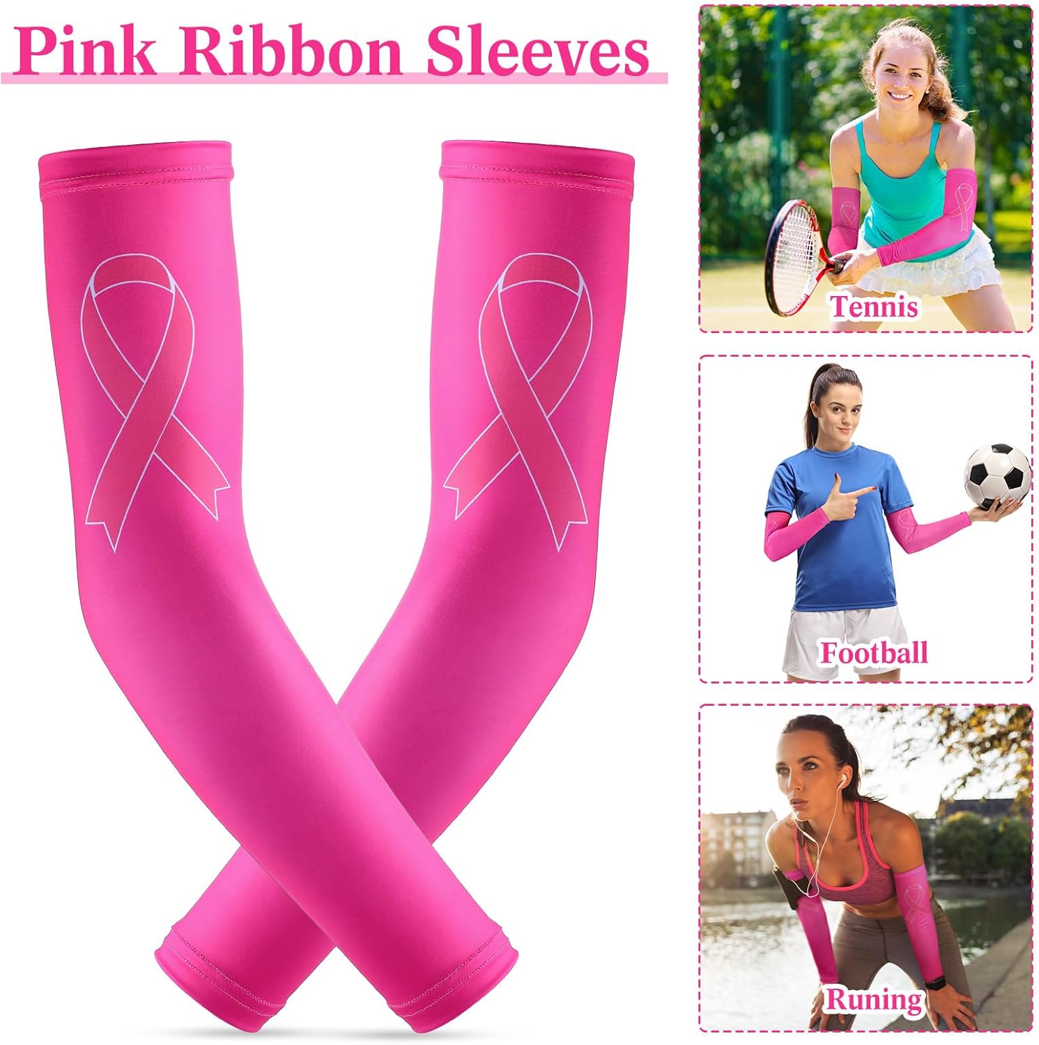Zhehao 50 Pair Breast Cancer Awareness Sleeves Pink Ribbon Arm Sleeves Compression Arm Sleeve for Women Sports Accessory