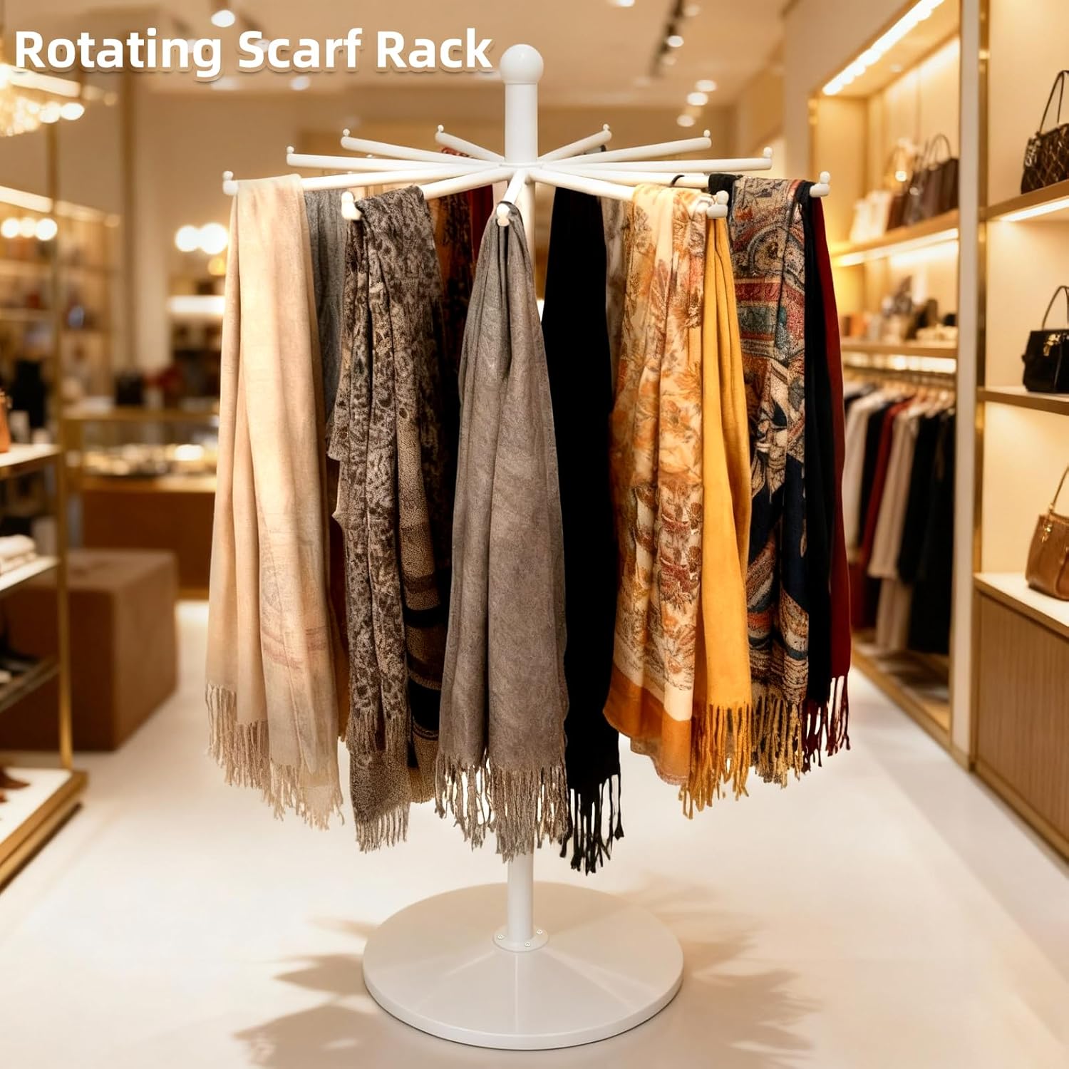 White Heavy-Duty Metal Rotating Rack - 12-Arm Freestanding Organizer with Wheels & Adjustable Pad Base for Scarf, Bag & Fabric - Ideal for Boutique, Retail & Home