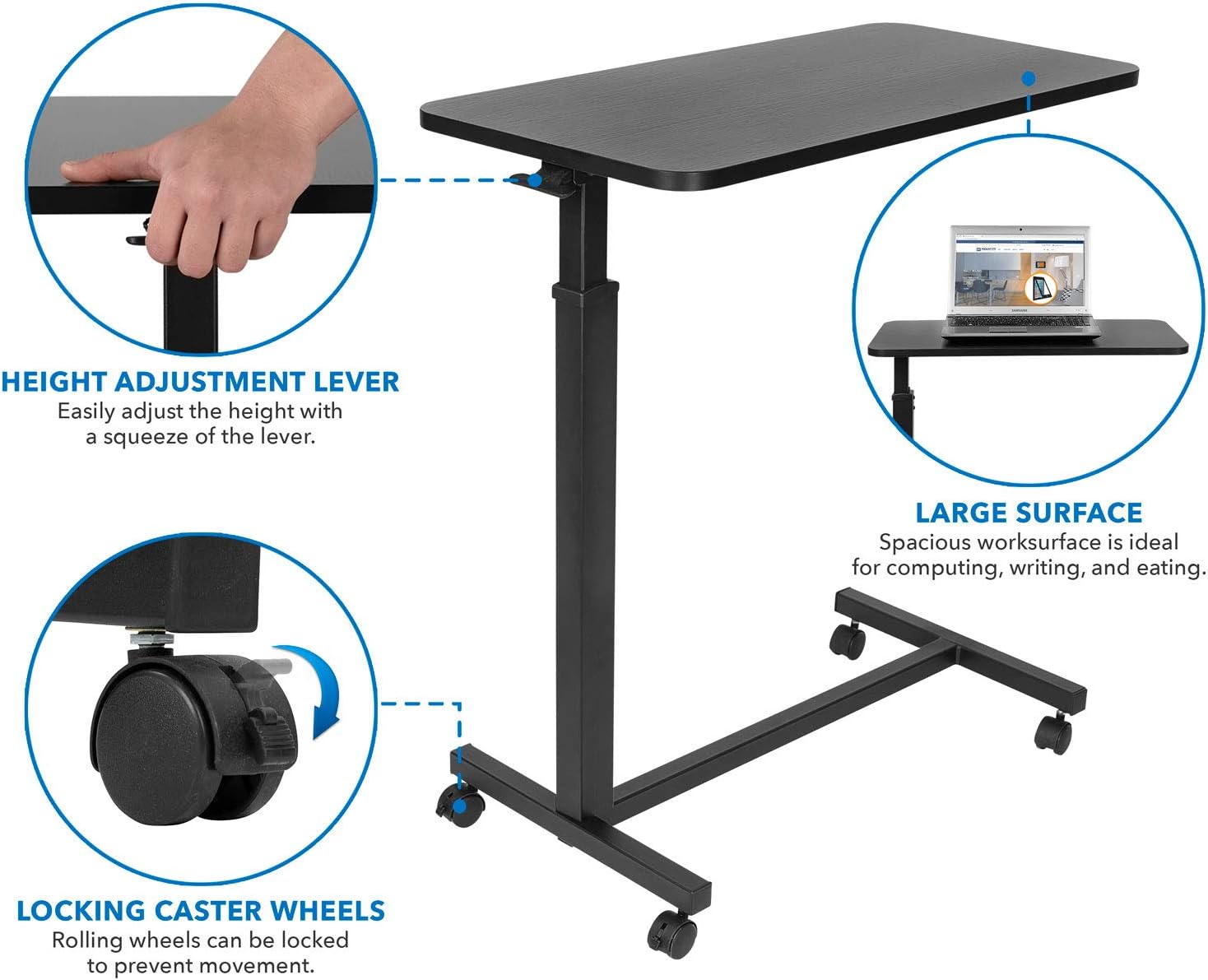 Mount-It! Overbed Table with Wheels | Flat Rolling Bed Side Tray Table for Medical or in-Home Use | Height Adjustable Hospital Table with Locking Casters