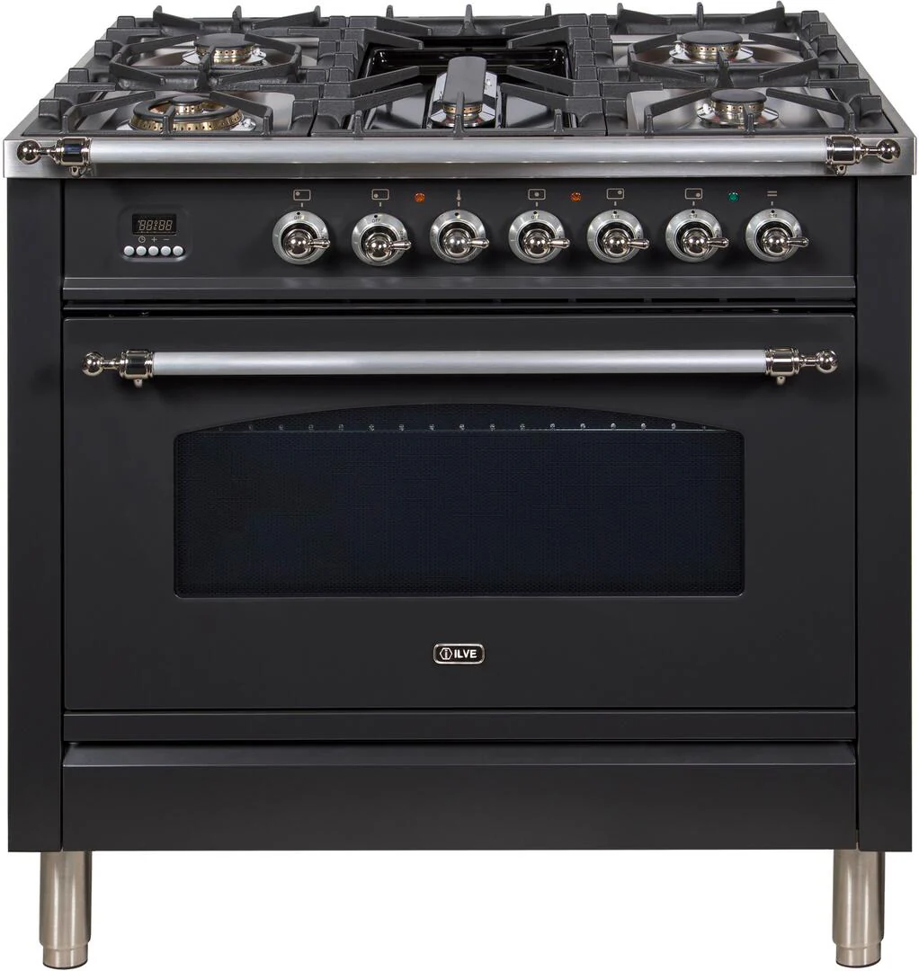 ILVE 36-Inch Nostalgie Gas Range with 5 Burners - Griddle - 3.5 cu. ft. Oven - Chrome Trim in Matte Graphite (UPN90FDVGGMX)