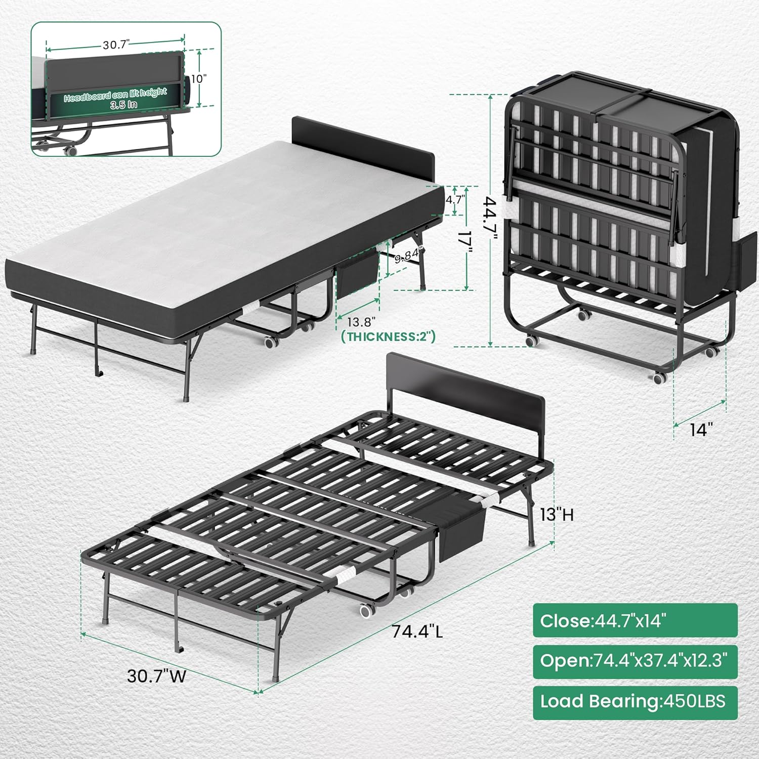 Folding Bed with Mattress,Rollaway 5-Inch Memory Foam Foldable Guest Bed for Adults,500lbs Capacity with Storage Cover and Sturdy Metal Frame,Adjustable Headboard and Side Storage Pocket,75