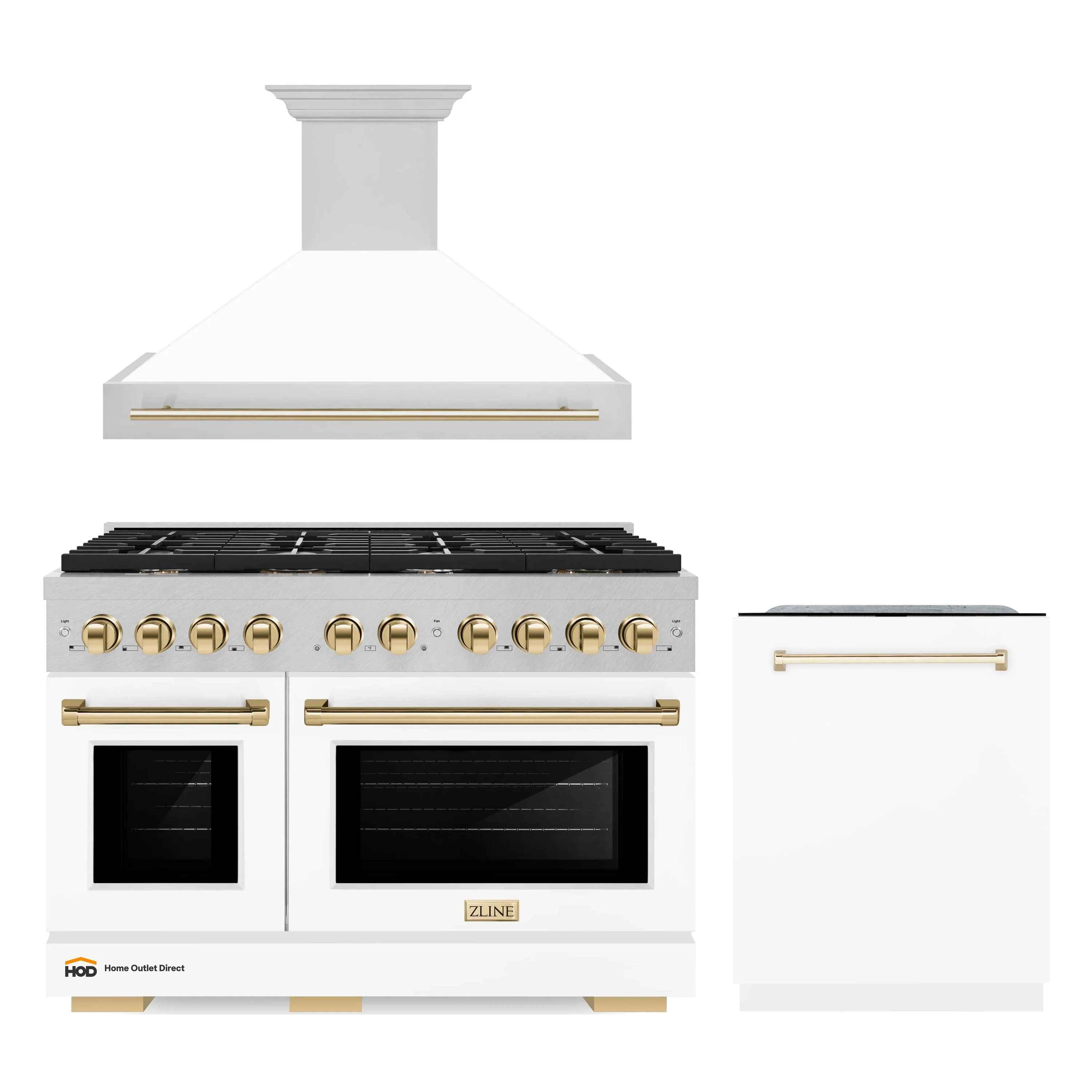 ZLINE 48-Inch Autograph Edition Kitchen Package with Satin Stainless Steel Gas Range, Wall Mount Range Hood and Dishwasher in White Matte and Gold Accents (3AKPR-SGRSWMRHDWM48-G)