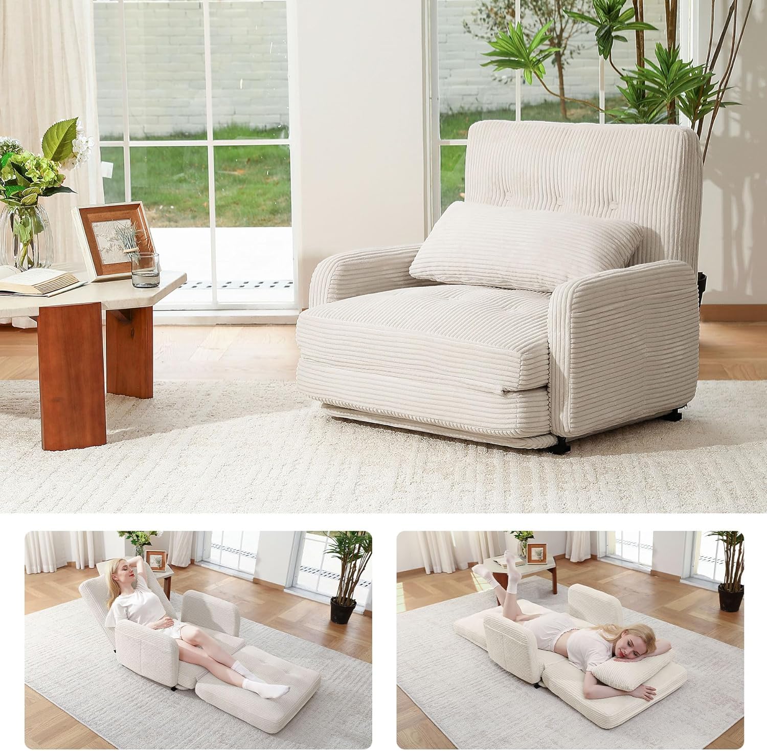 HomeMiYN Adjustable Folding Sofa Bed, Multifunctional Bean Bag Bed, 5-Position Back Support Convertible Lazy Sleeper Chair with Pillow, Adults Lounge Couch with arms, for Living Room, Bedroom,Beige