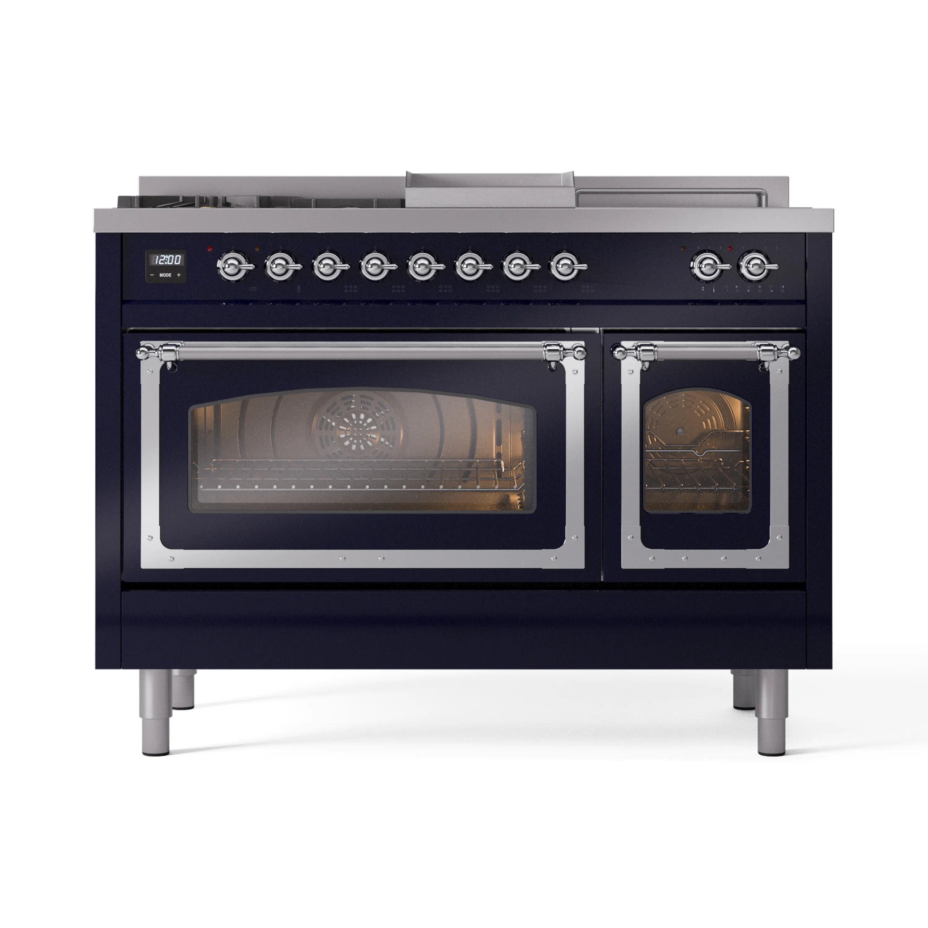 ILVE 48-Inch Nostalgie II Noblesse Dual Fuel Range with 5 Sealed Burners, Griddle, French Top and Triple Glass Door Oven in Midnight Blue with Chrome Trim (UN48FSNMPMBC)