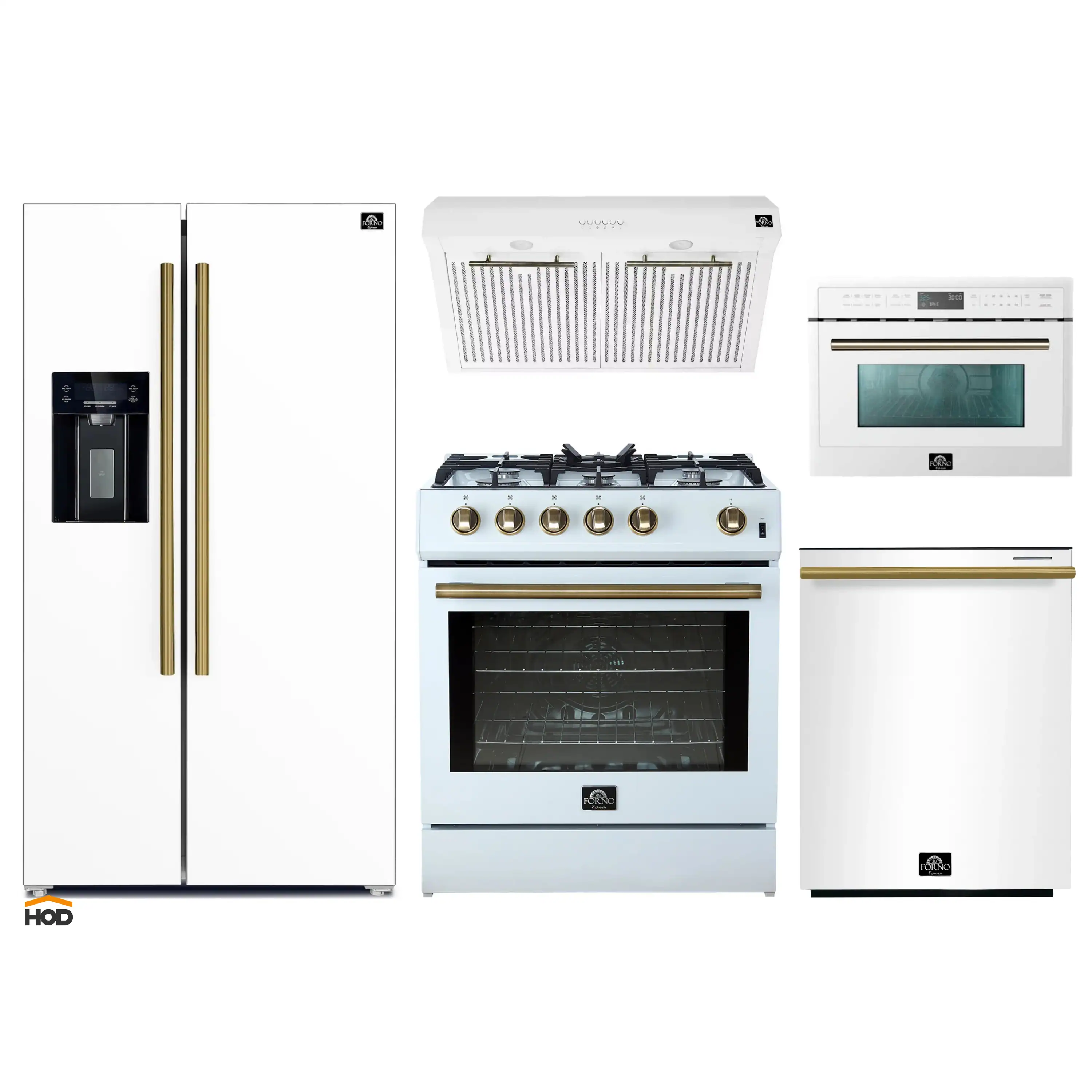 Forno 5-Piece Appliance Package - 30-Inch Gas Range, Under Cabinet Range Hood, Refrigerator with Water Dispenser, Dishwasher, and 24-Inch Microwave Oven in White with Antique Brass Trim