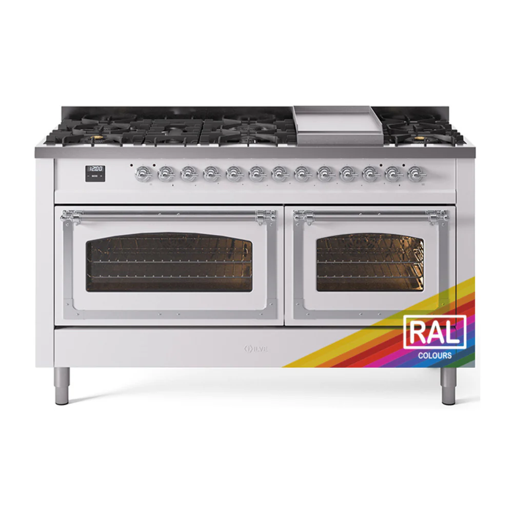 ILVE 60-Inch Nostalgie II Noblesse Dual Fuel Range with 9 Sealed Burners, Griddle, Triple Glass Door Oven in Custom RAL with Chrome Trim (UN60FNMPRAC)