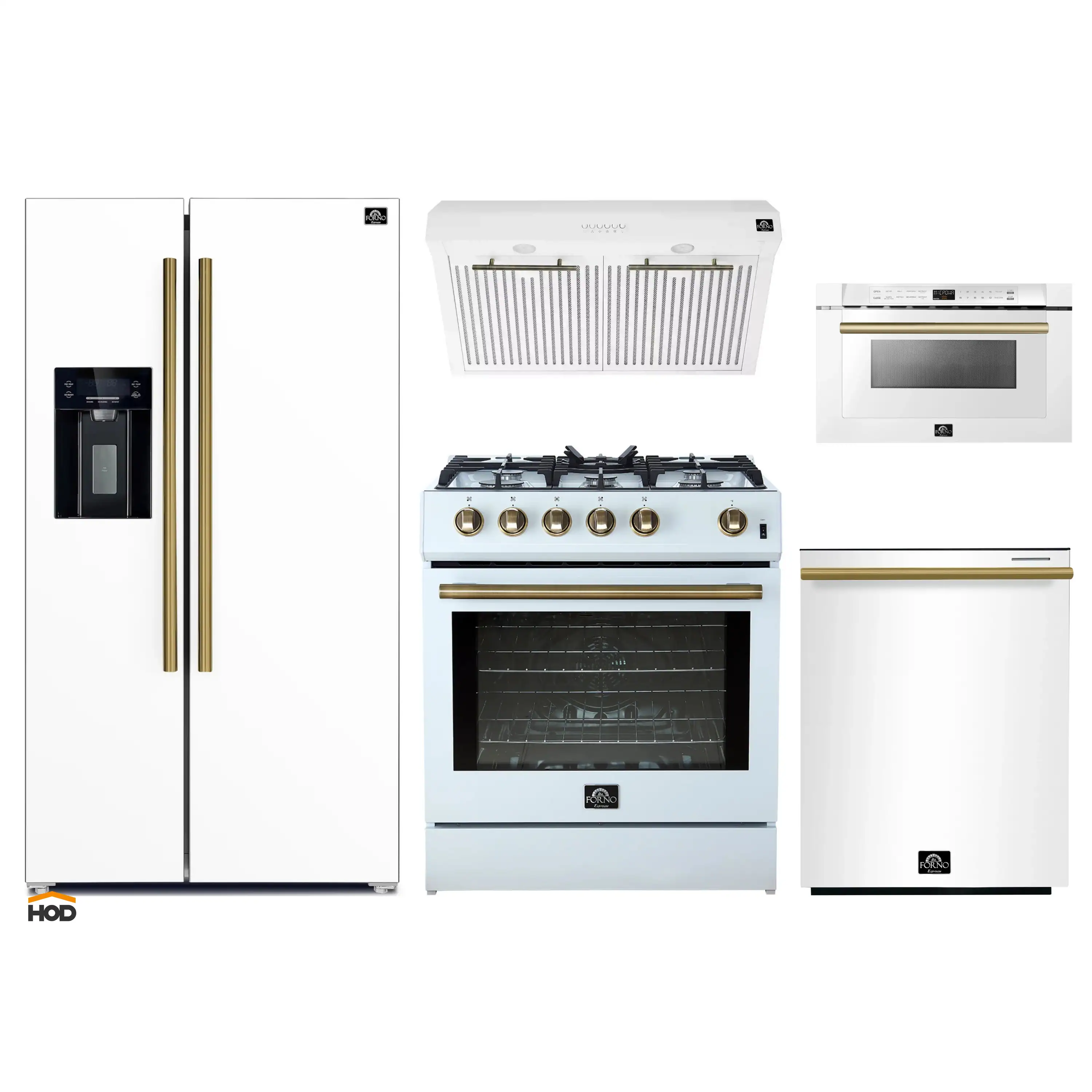 Forno 5-Piece Appliance Package - 30-Inch Gas Range, Under Cabinet Range Hood, Refrigerator with Water Dispenser, Dishwasher, and  Microwave Drawer in  White with Antique Brass Trim