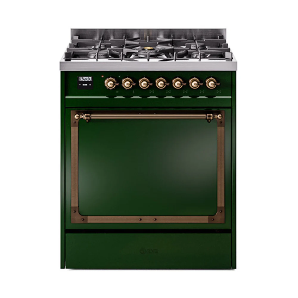 ILVE Nostalgie II Noblesse 30-Inch Dual Fuel Range with Solid Door in Emerald Green with Bronze Trim (UN30QNMPEGB)