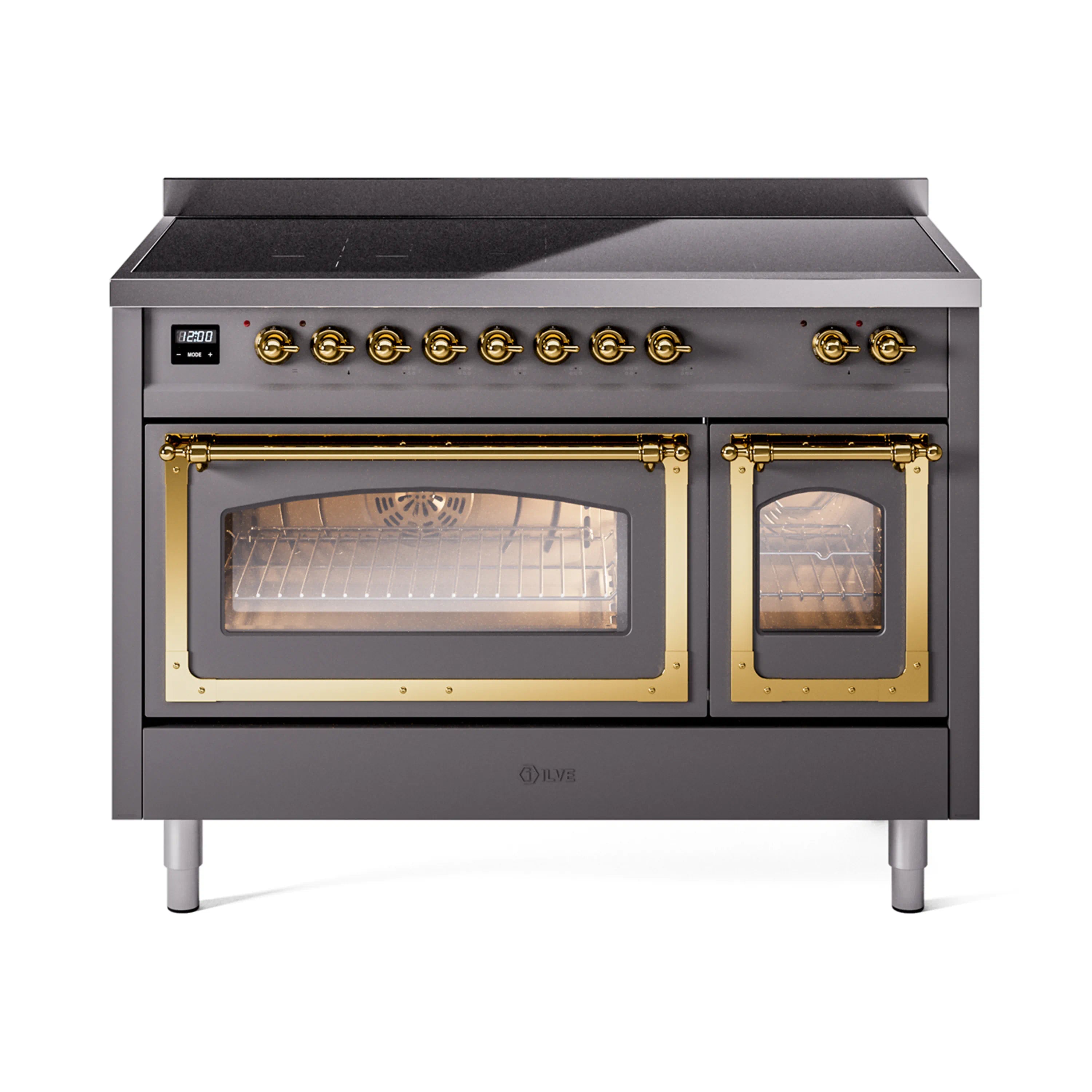ILVE Nostalgie II Noblesse 48-Inch Induction Range with Triple Glass Door in Matte Graphite with Brass Trim (UNI486NMPMGG)