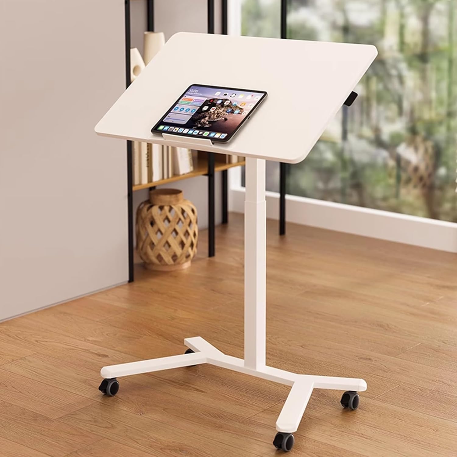 HARELA Adjustable Tilt Overbed Bedside Table with Wheels, Pneumatic Moveable Bed Desk Mobile Standing Stand Up Rolling Laptop Desks for Home Office Hospital Use