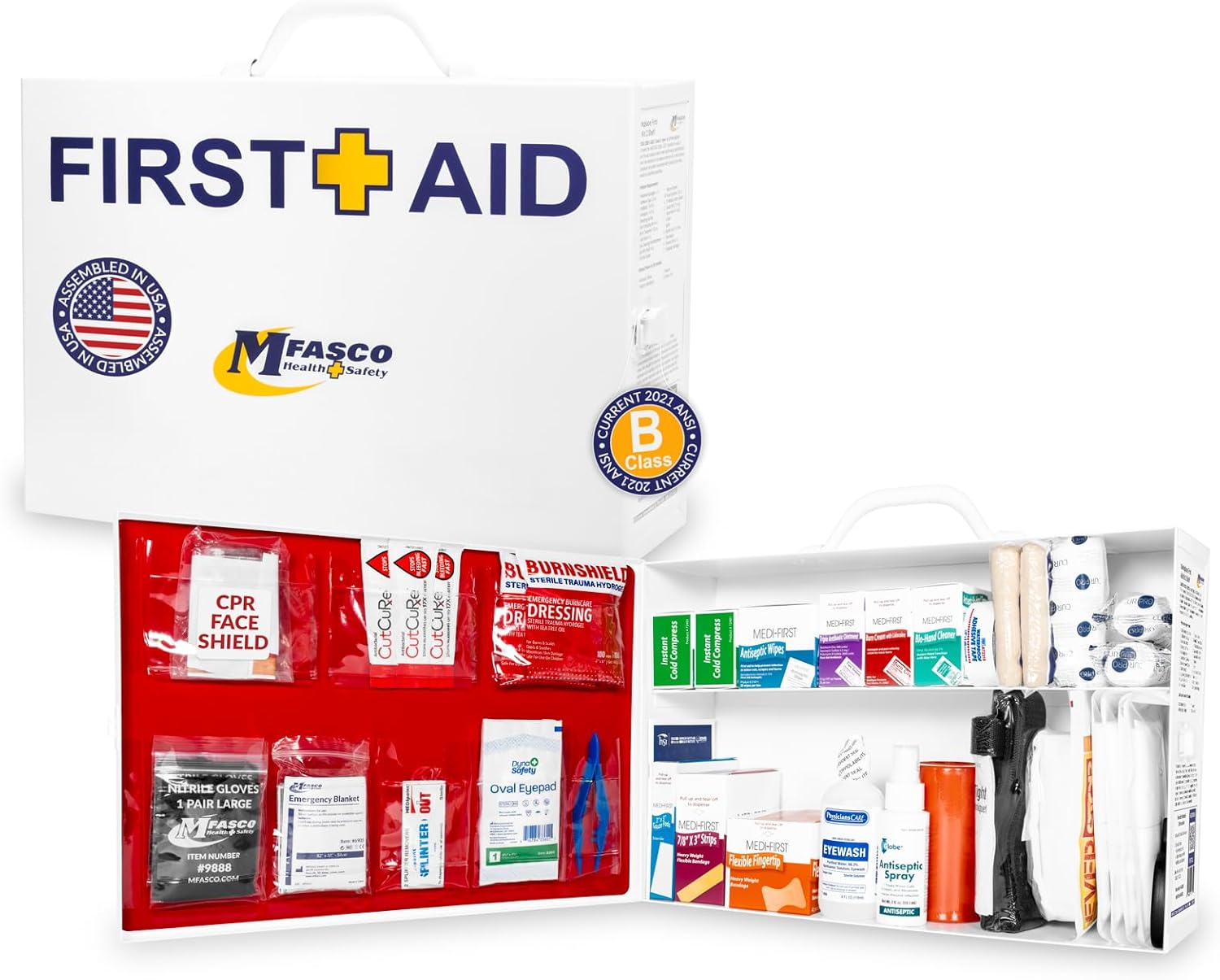 MFASCO 2 Shelf First Aid Cabinet - ANSI/OSHA Class B Type I & II - Medi First Brand Bandages - Carry or Wall Mount - Easy Restock & Refill - - White Enamel Finish - 226 Pcs - 16